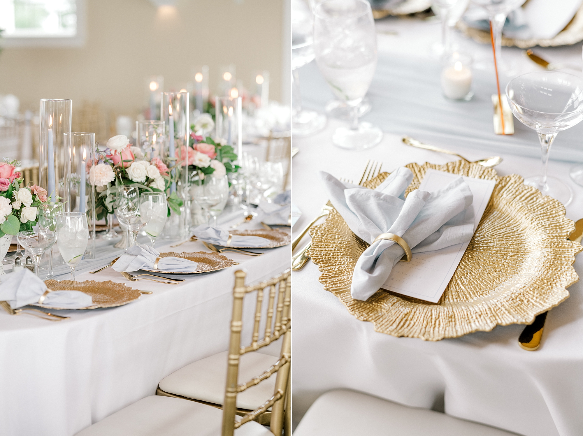 place setting with light blue napkins and gold plates at Bonnet Island Estate