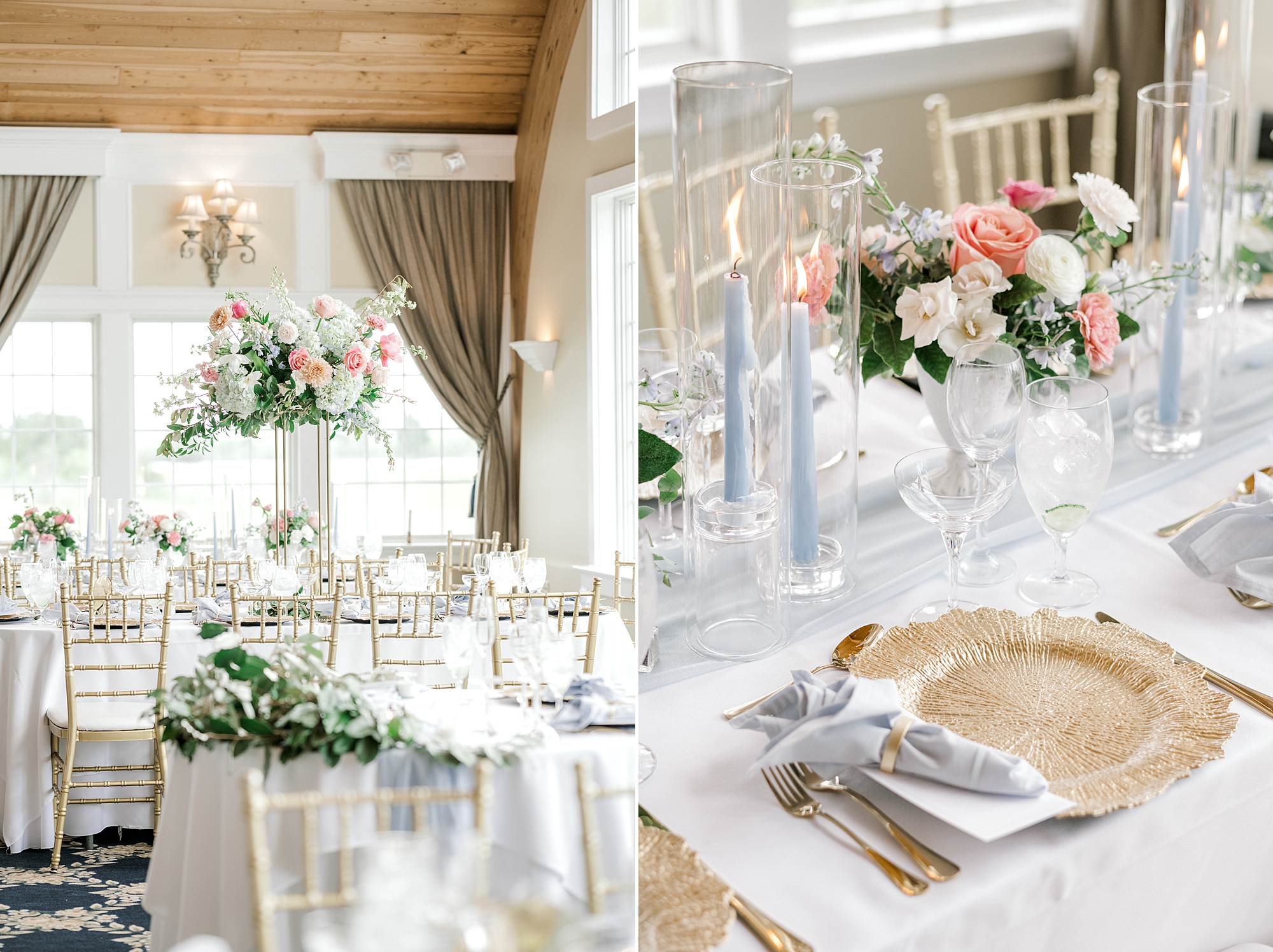 Bonnet Island Estate wedding reception with gold and blue details