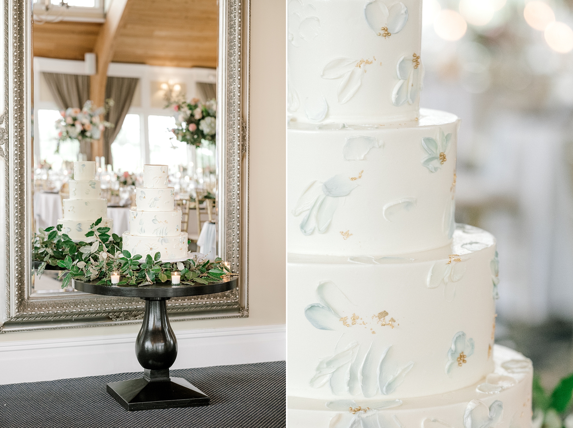 tiered wedding cake with blue accents at Bonnet Island Estate