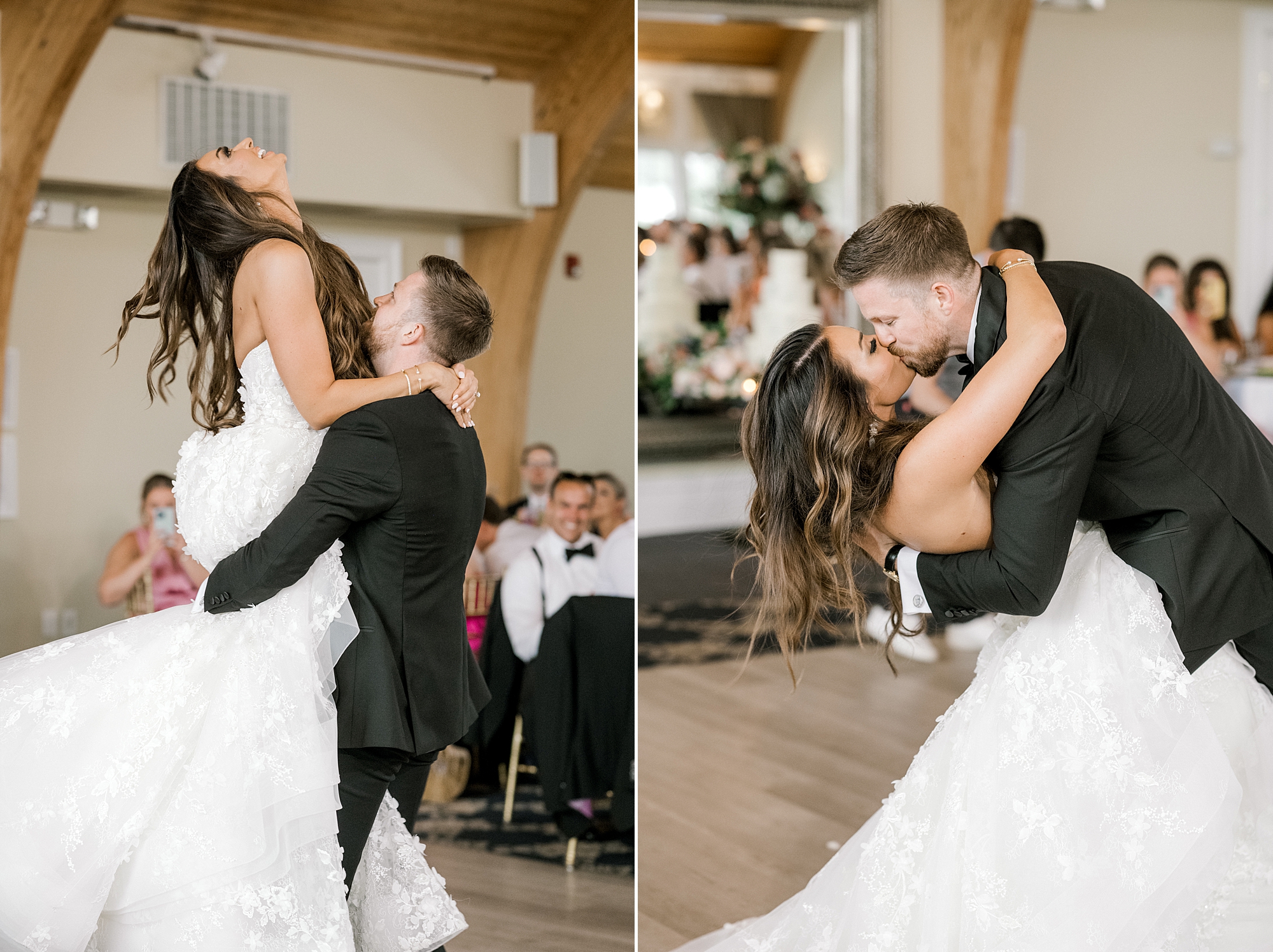 bride and groom laugh and kiss on dance floor at LBI wedding reception