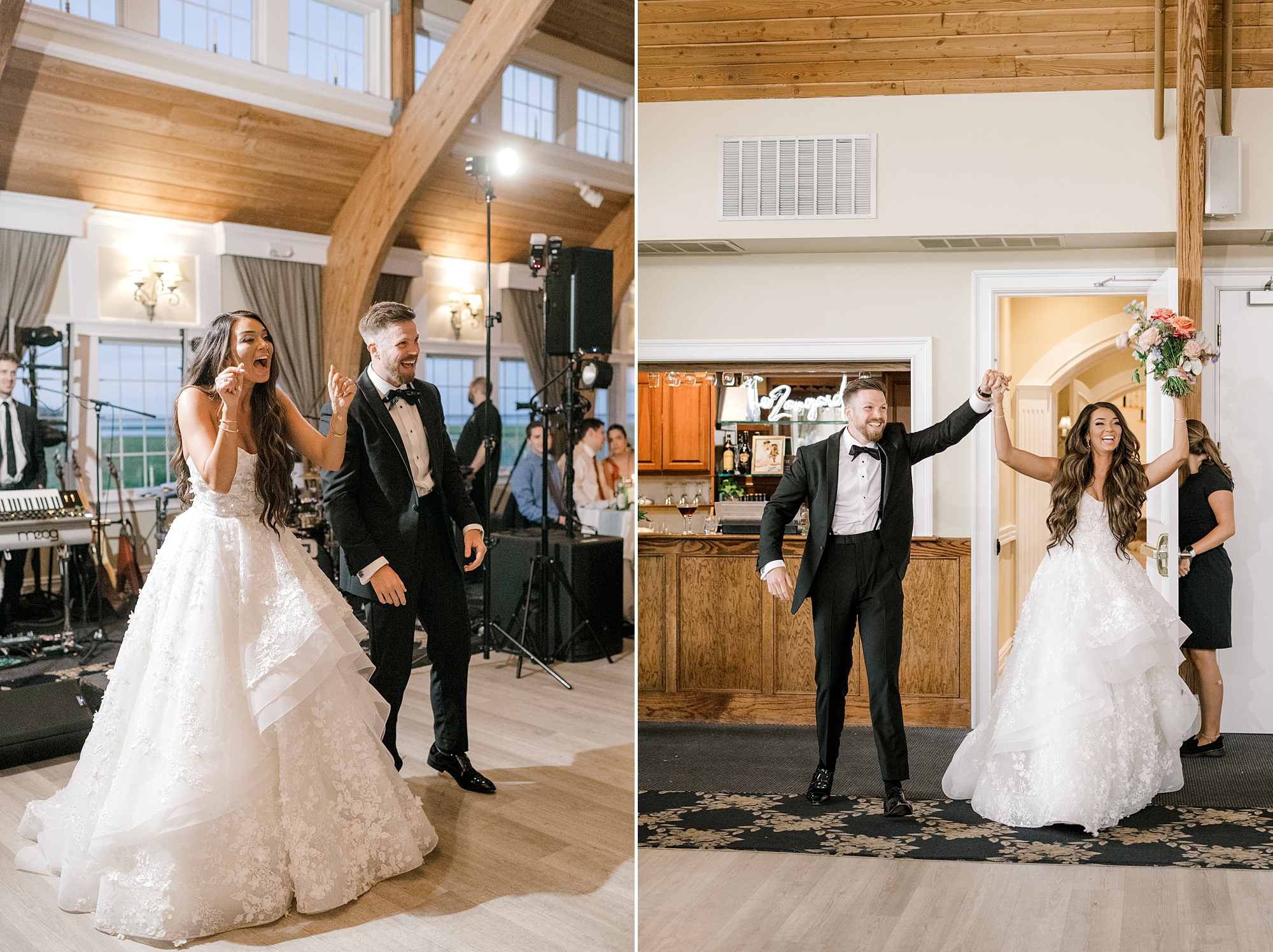 bride and groom cheer walking into wedding reception at Bonnet Island Estate
