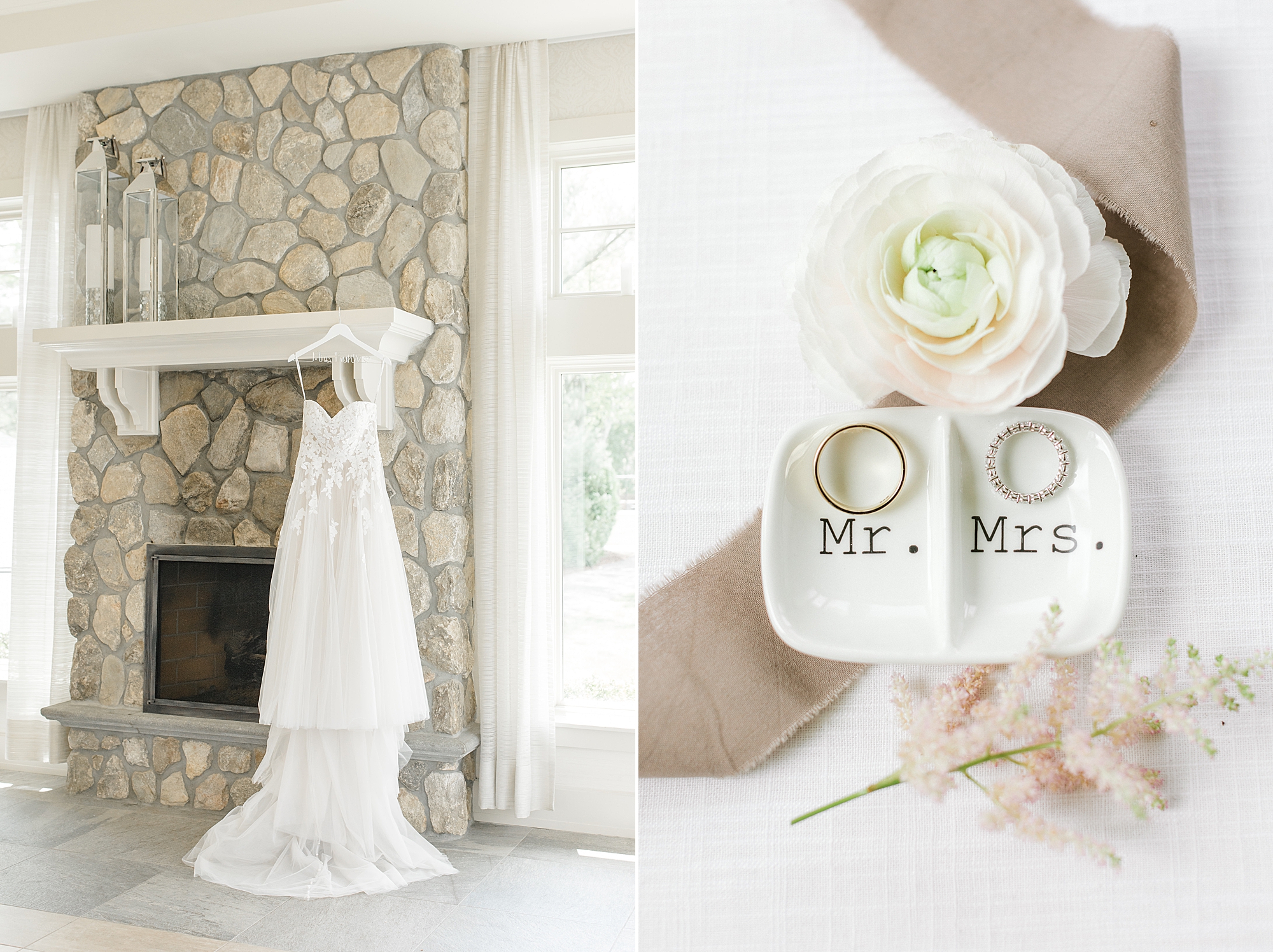 bride's dress hangs on stone fireplace at Indian Trail Club
