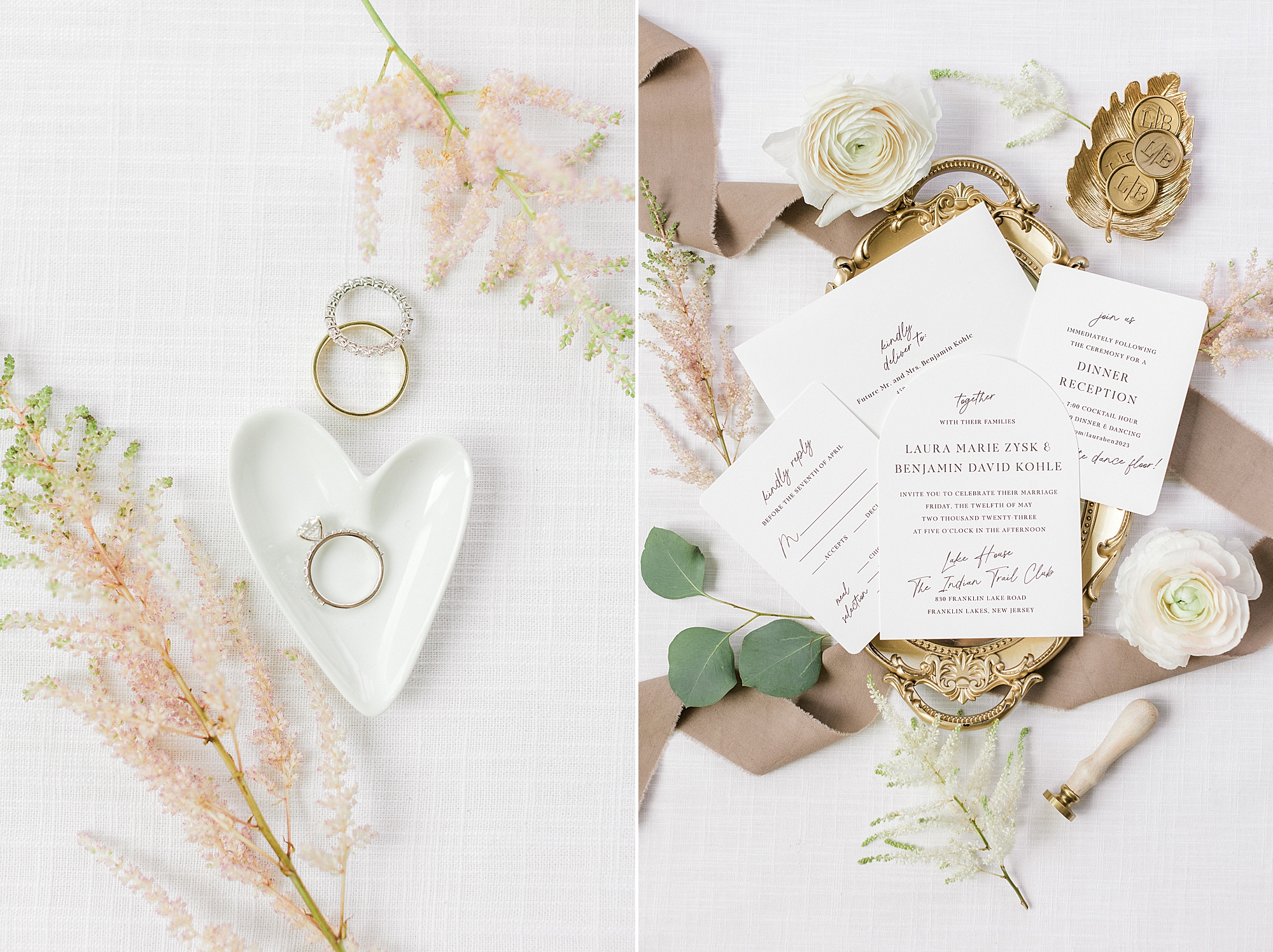 details for spring wedding at Indian Trail Club with gold tray