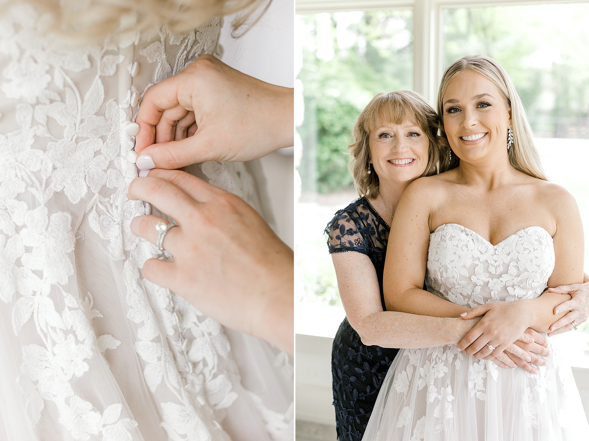 mother hugs bride after helping her with wedding dress