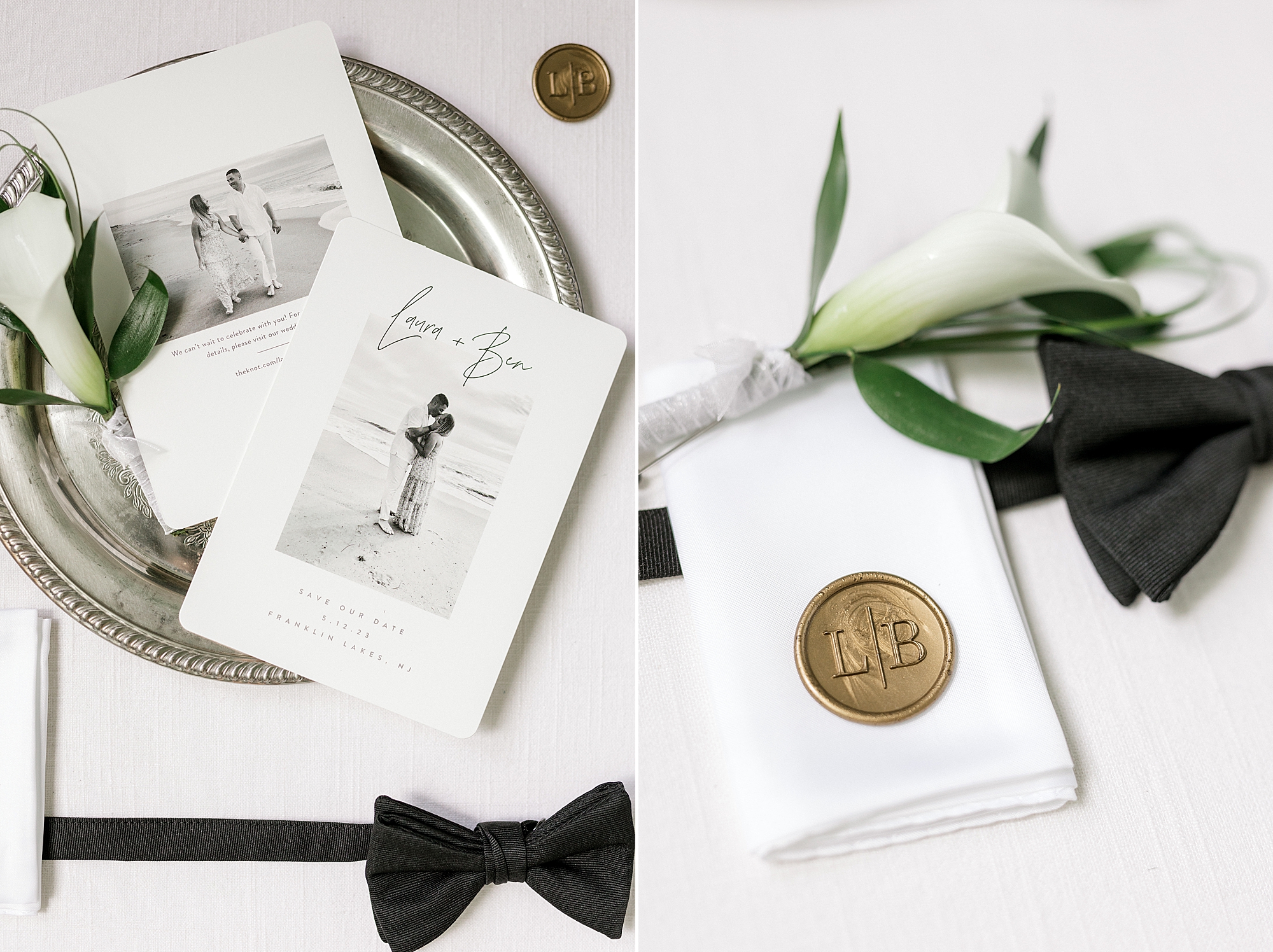 groom's details with wax seal and calla lily boutonnière