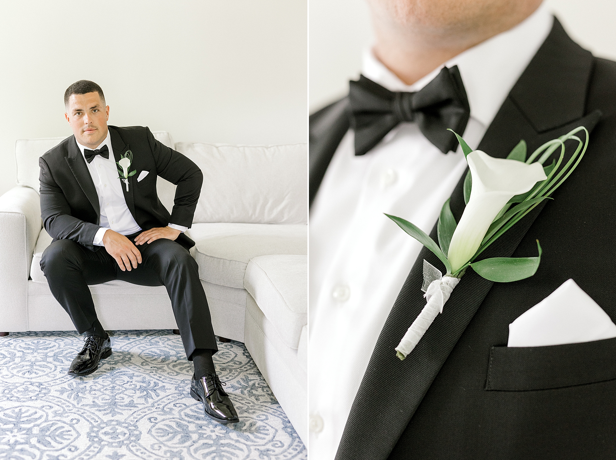 groom poses sitting on white couch at Indian Trail Club