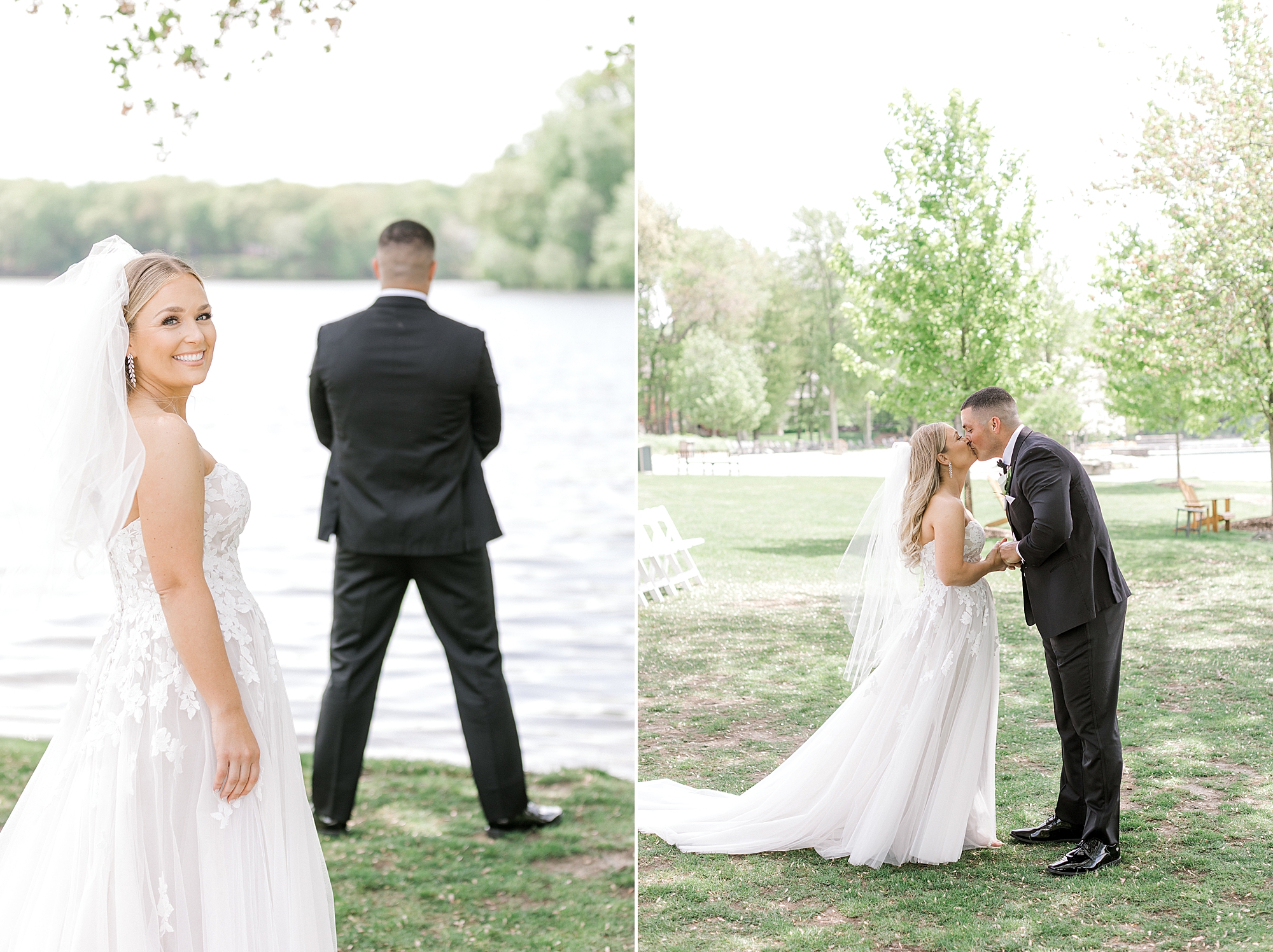 groom and bride kiss by Franklin Lake after first look at Indian Trail Club