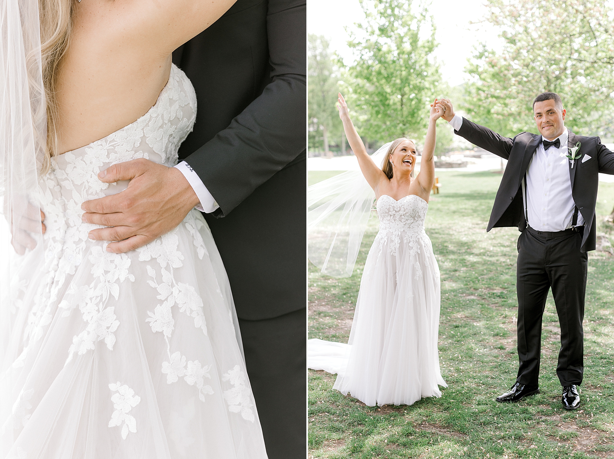newlyweds cheer holding hands at Indian Trail Club