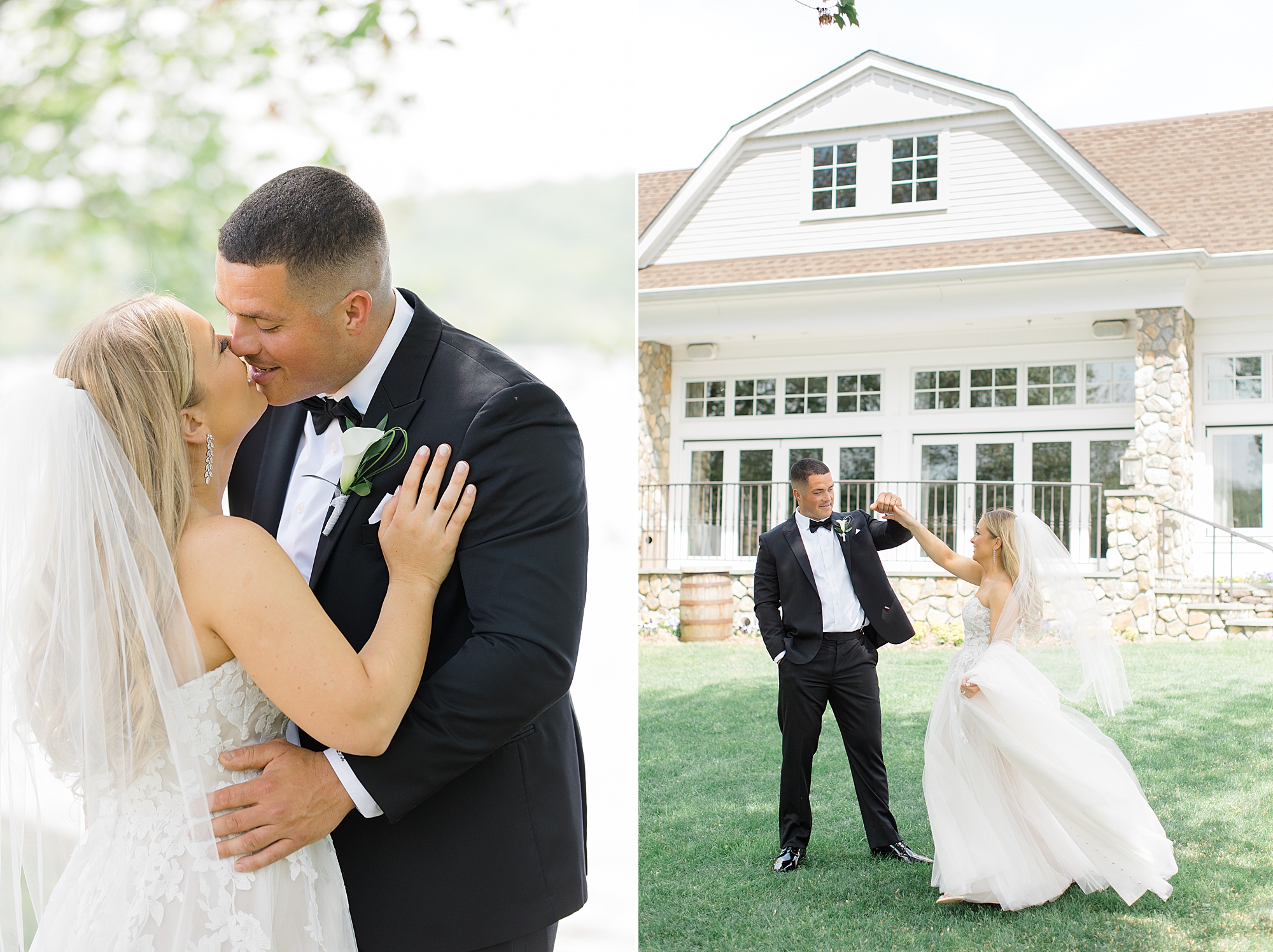 bride leans up to kiss groom in front of Indian Trail Club
