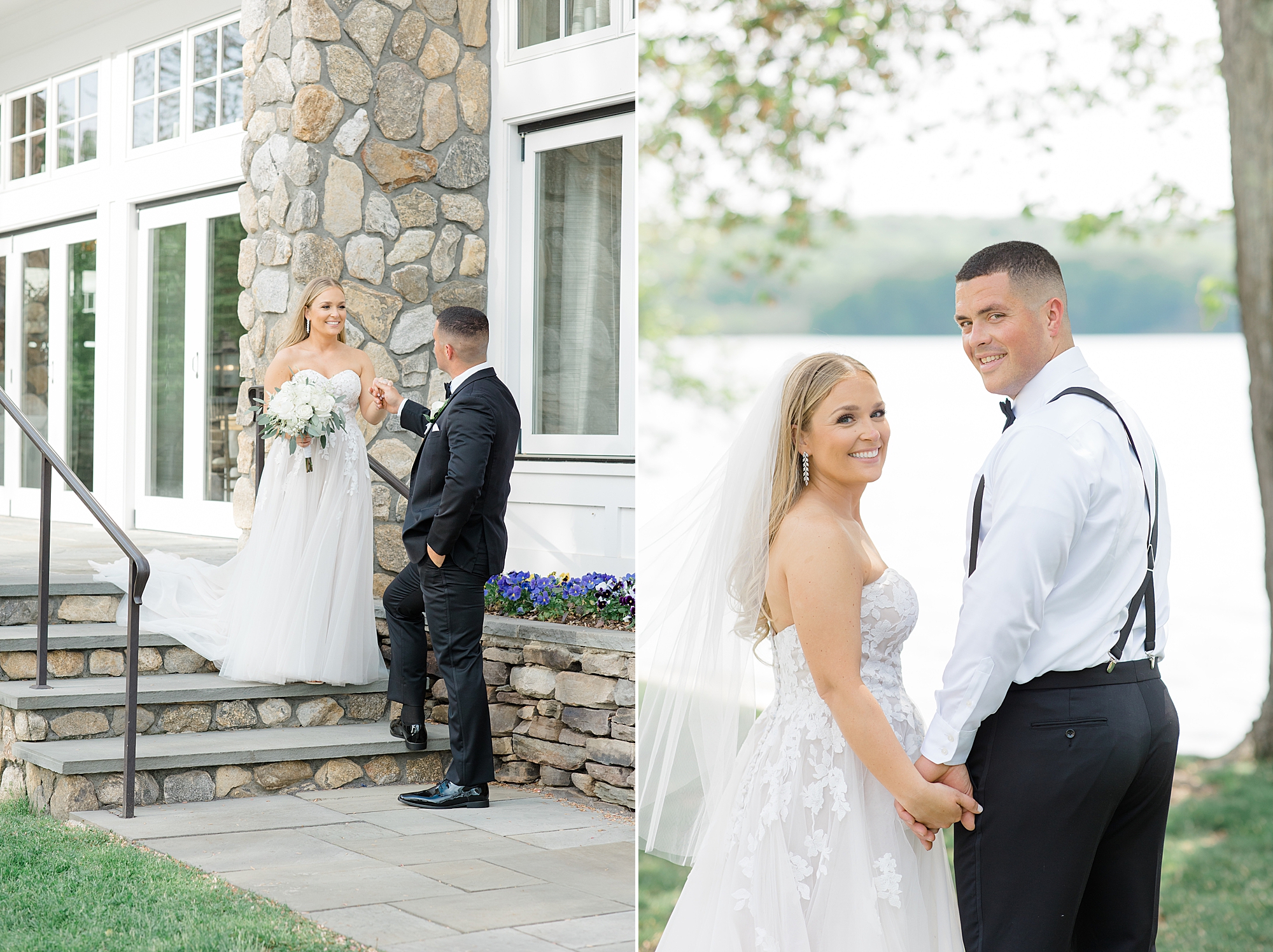 newlyweds hold hands walking down steps on patio at Indian Trail Club