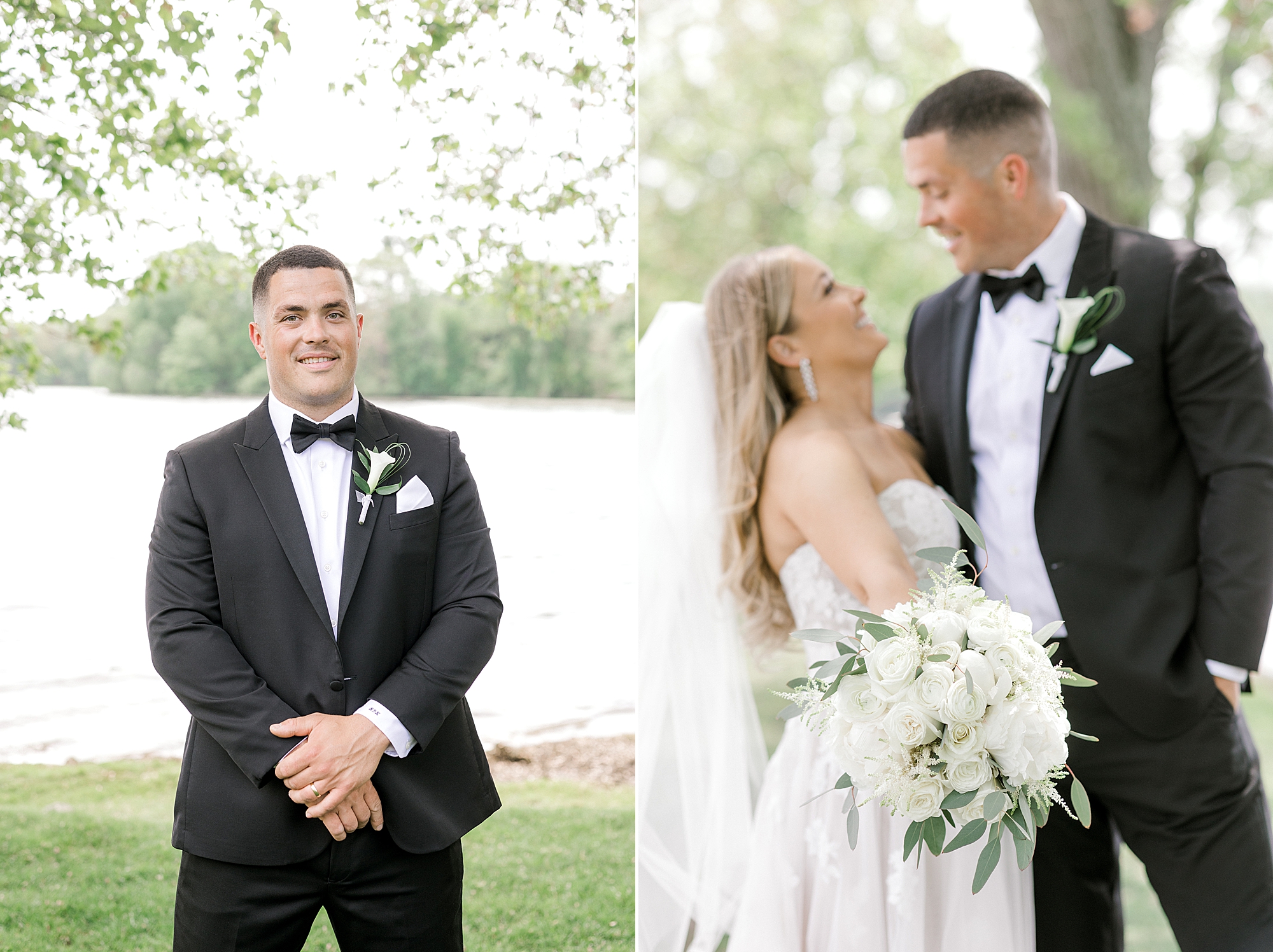 bride and groom smile together at each other by lake at Indian Trail Club