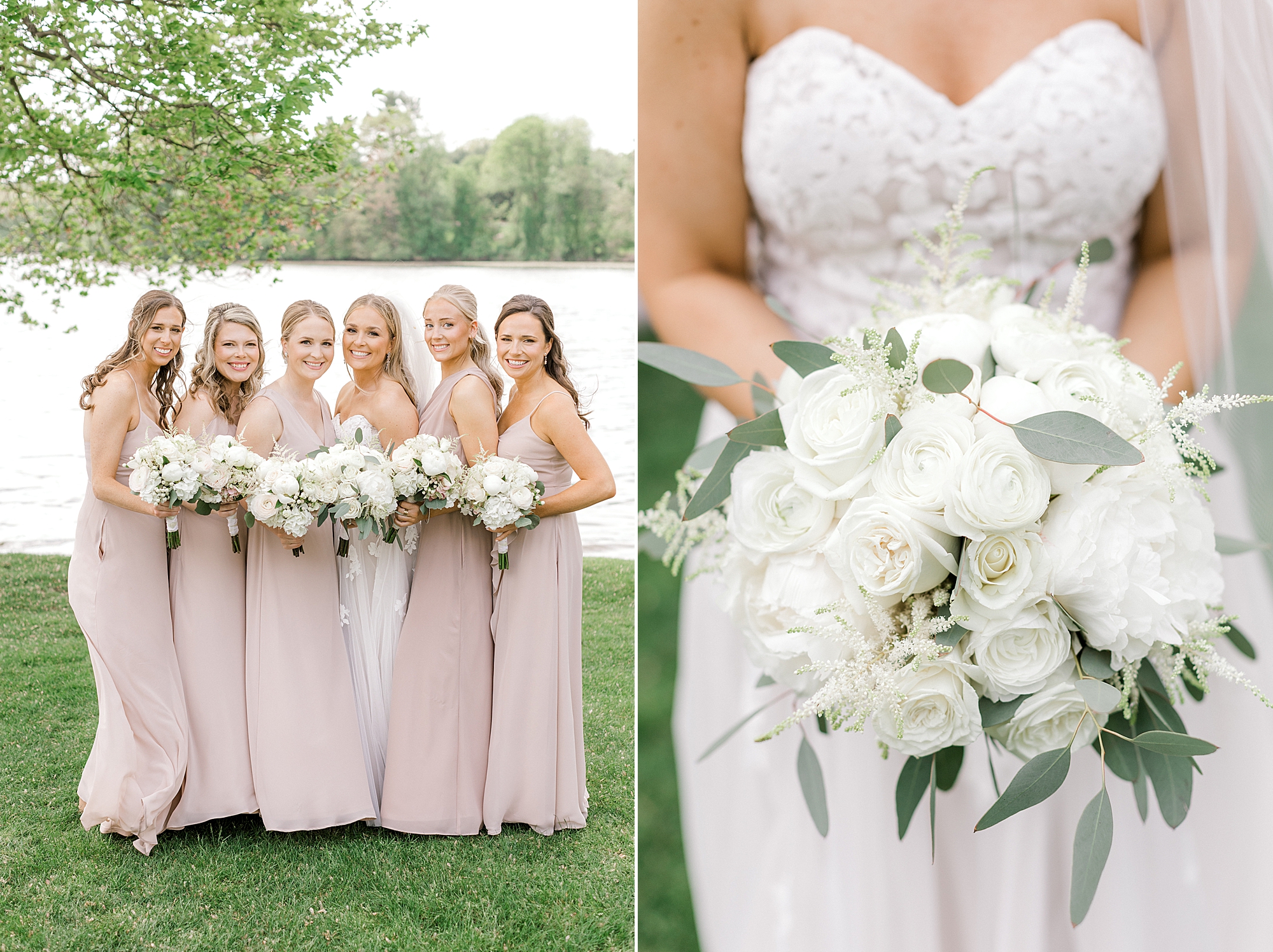 bridesmaids in pink gowns hold bouquet of white flowers at Indian Trail Club