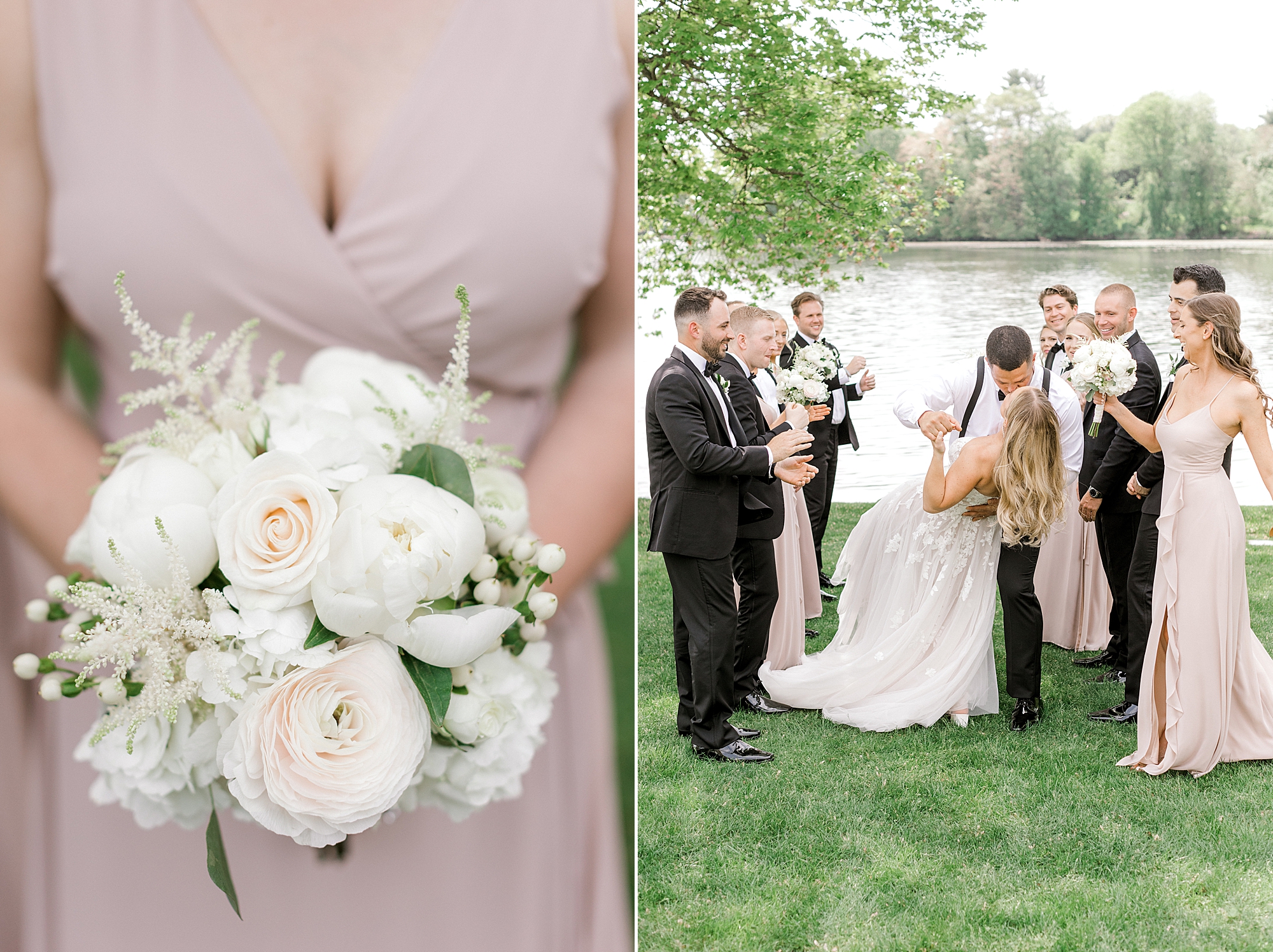 bridesmaid in pink gown holds bouquet of white roses