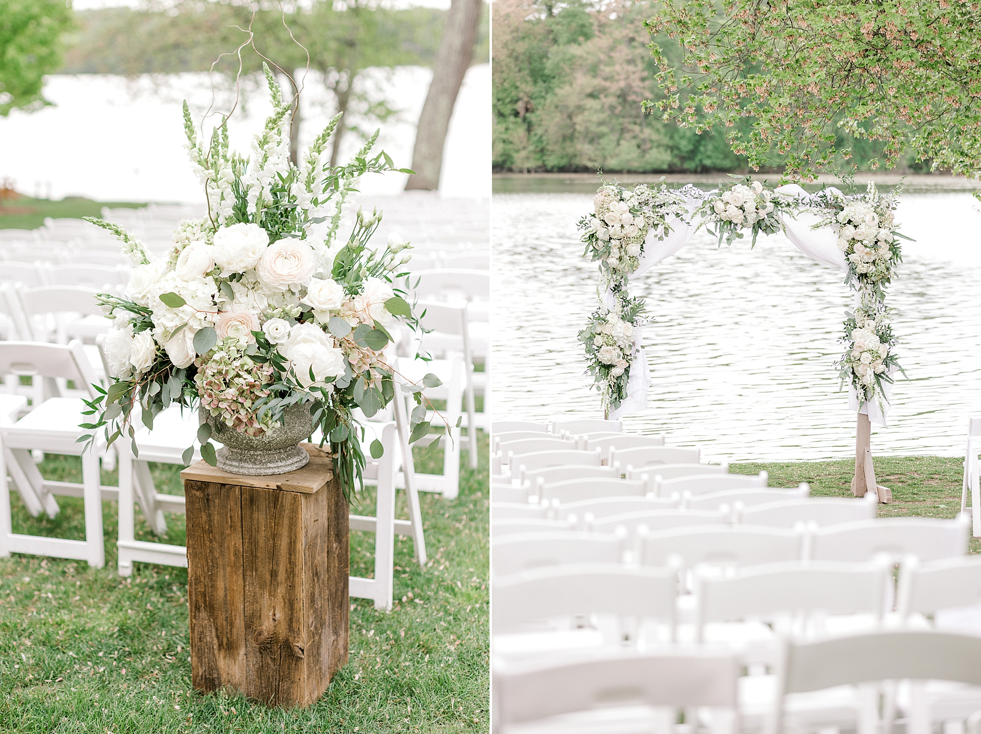 ceremony site by Franklin Lake at Indian Trail Club with white flowers on arbor
