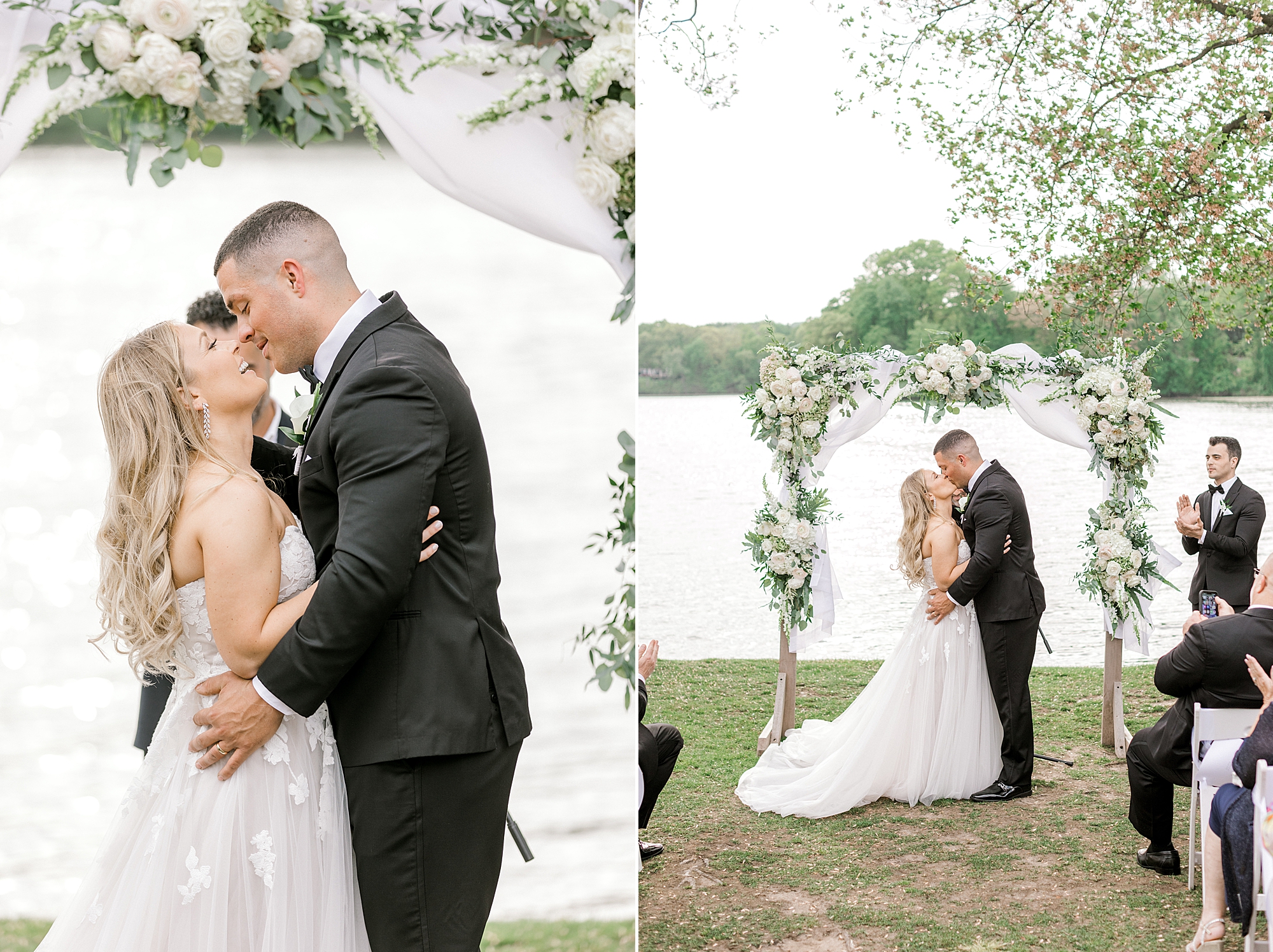 newlyweds laugh and kiss during wedding ceremony by lake at Indian Trail Club