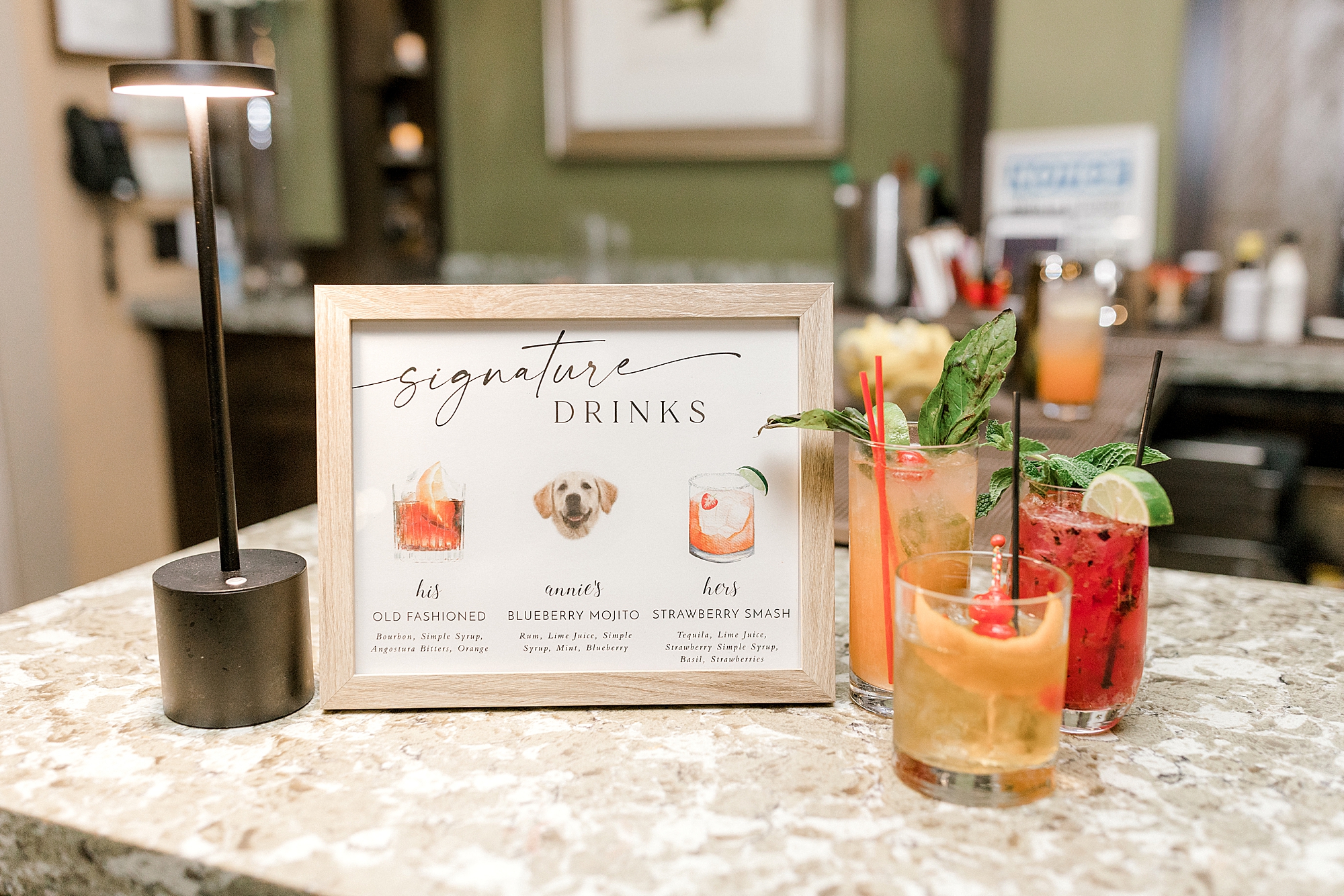 signature cocktails inspired by dog at Indian Trail Club wedding reception