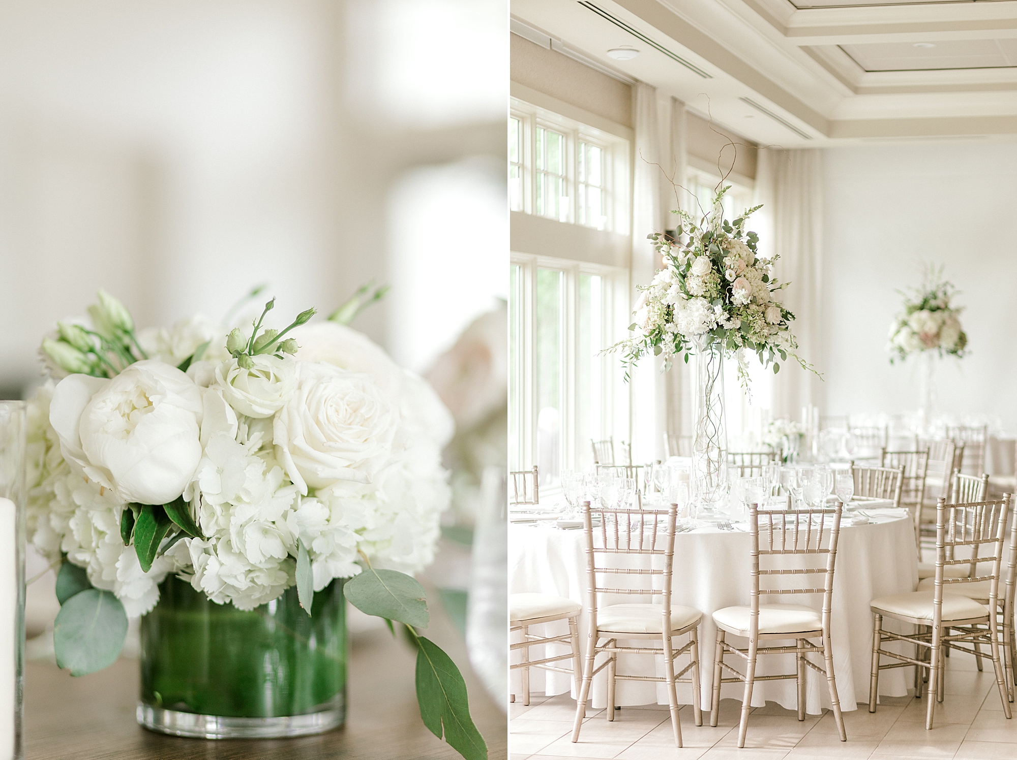 springtime Indian Trail Club wedding reception with tall floral centerpieces