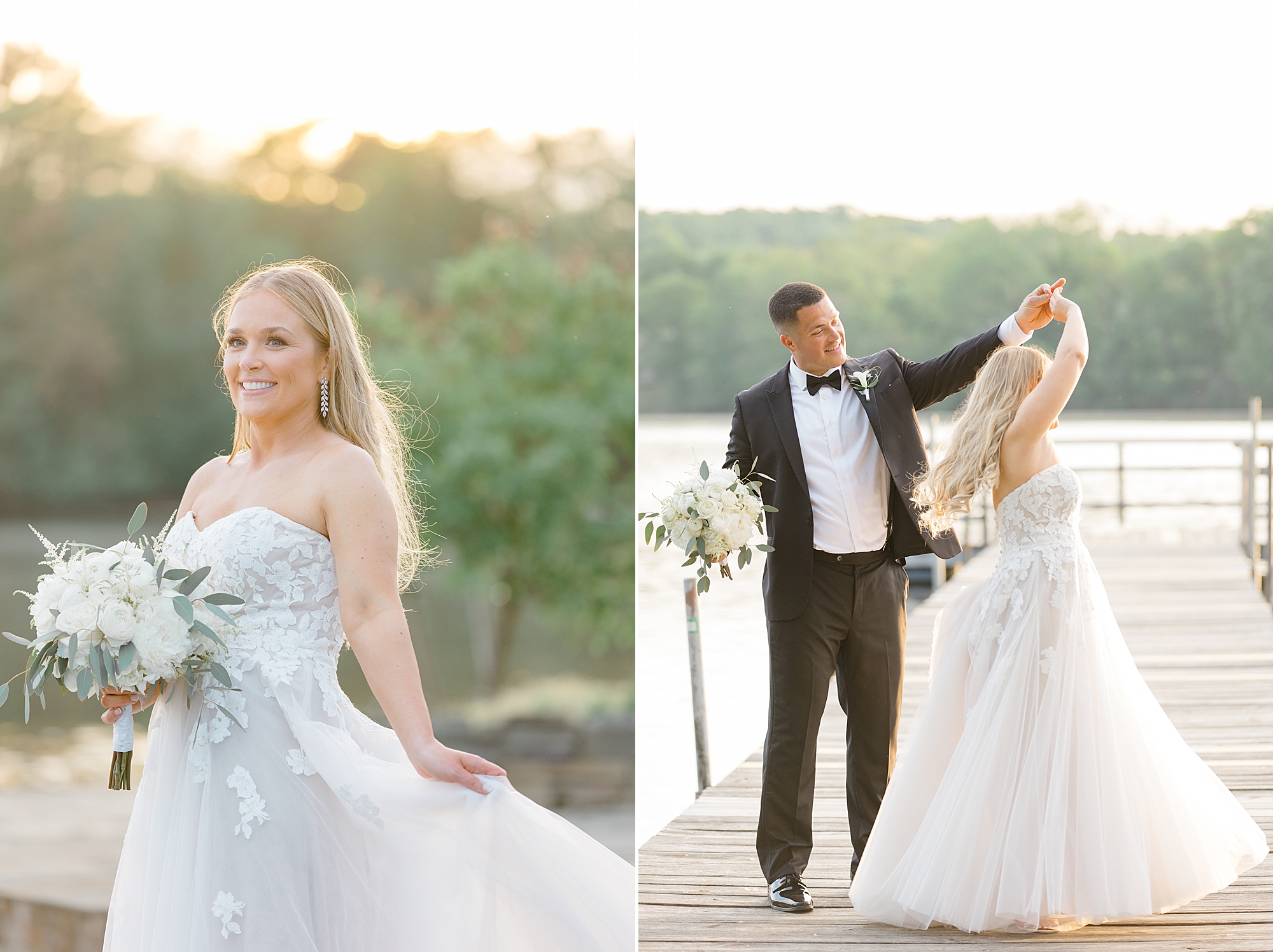 groom twirls bride on dock at Indian Trail Club at sunset