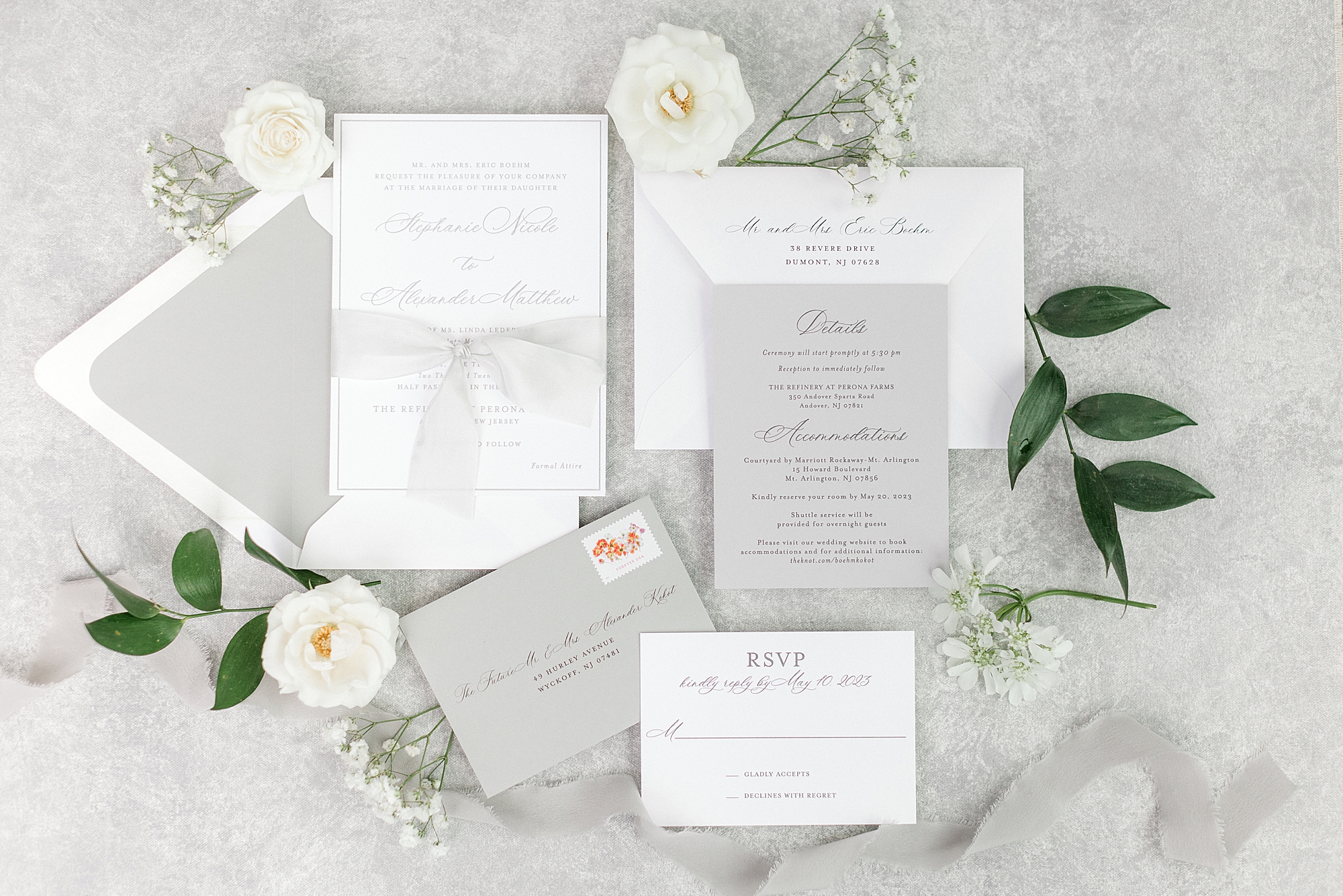 grey and white invitation suite for summer wedding at the Refinery at Perona Farms