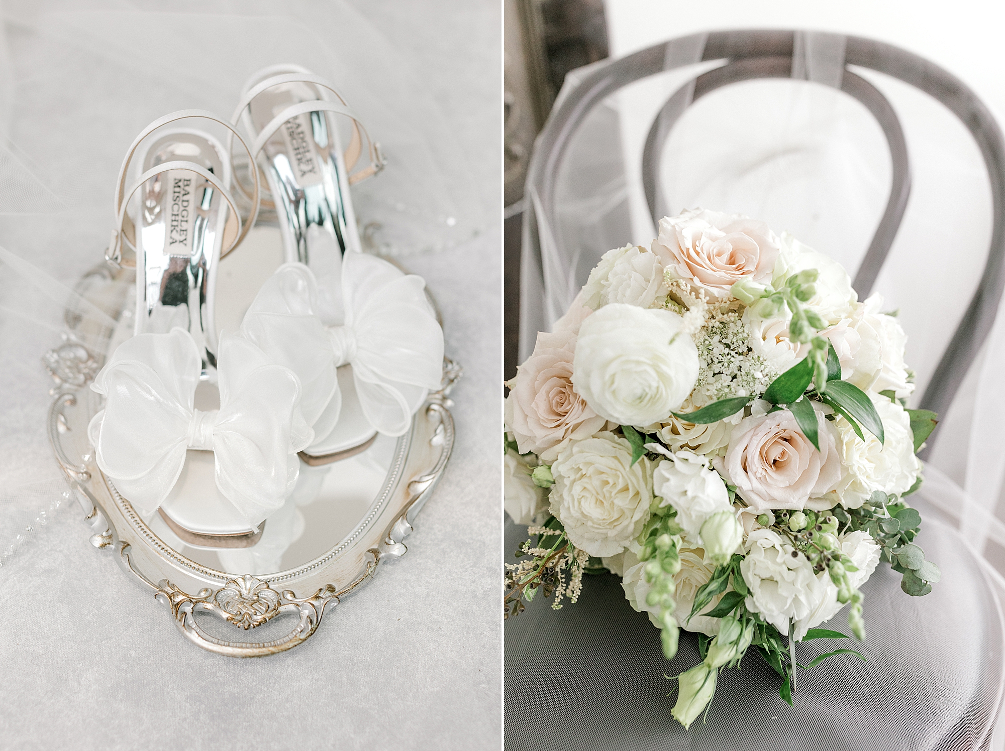 bride's silver shoes on silver tray with bouquet of white and peach roses