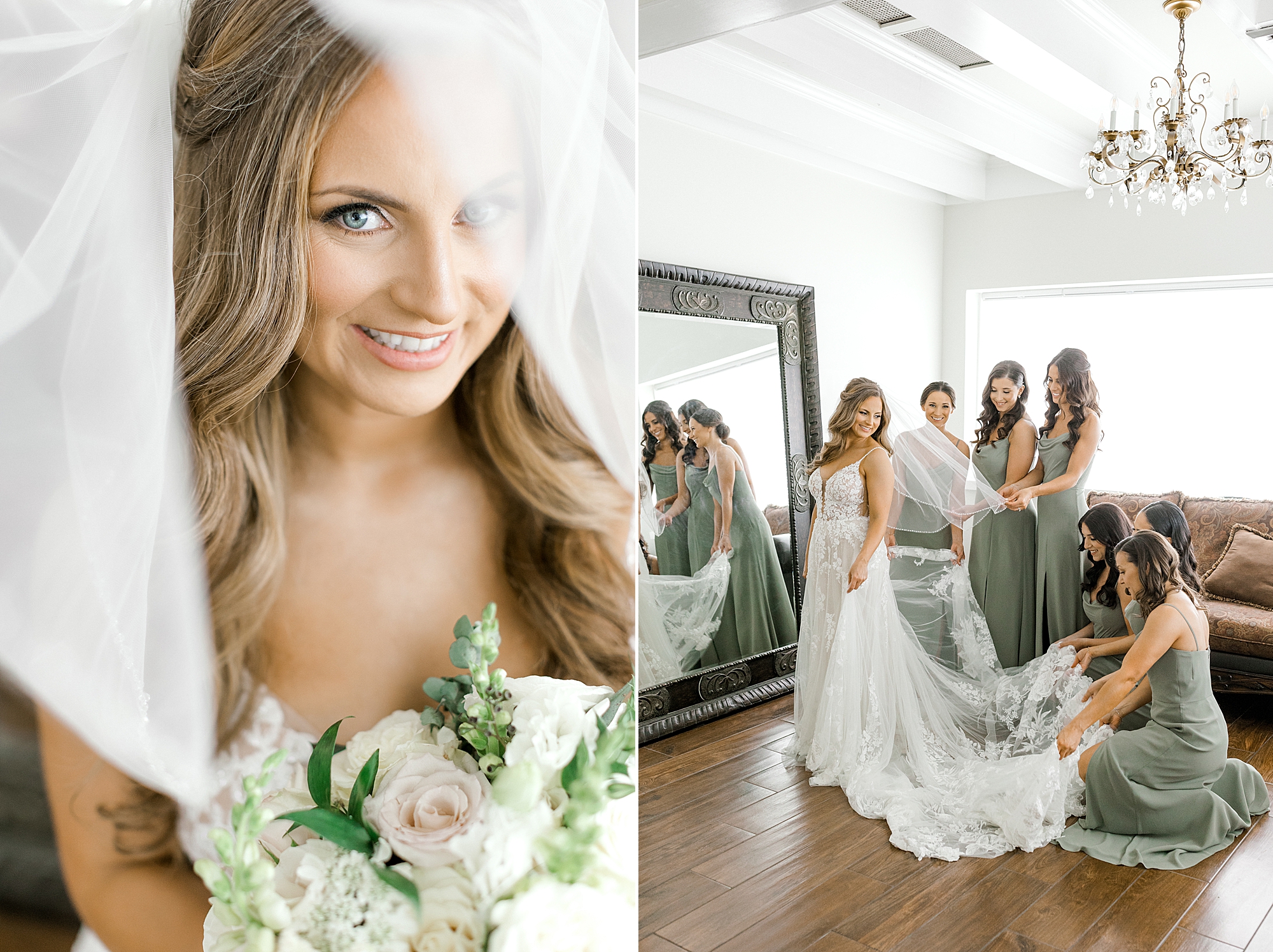 bride smiles from under veil and bridesmaids in green gowns adjust bride's dress and train