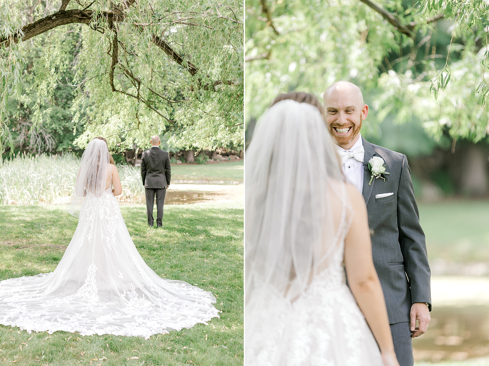 groom grins at bride during first look under weeping willow