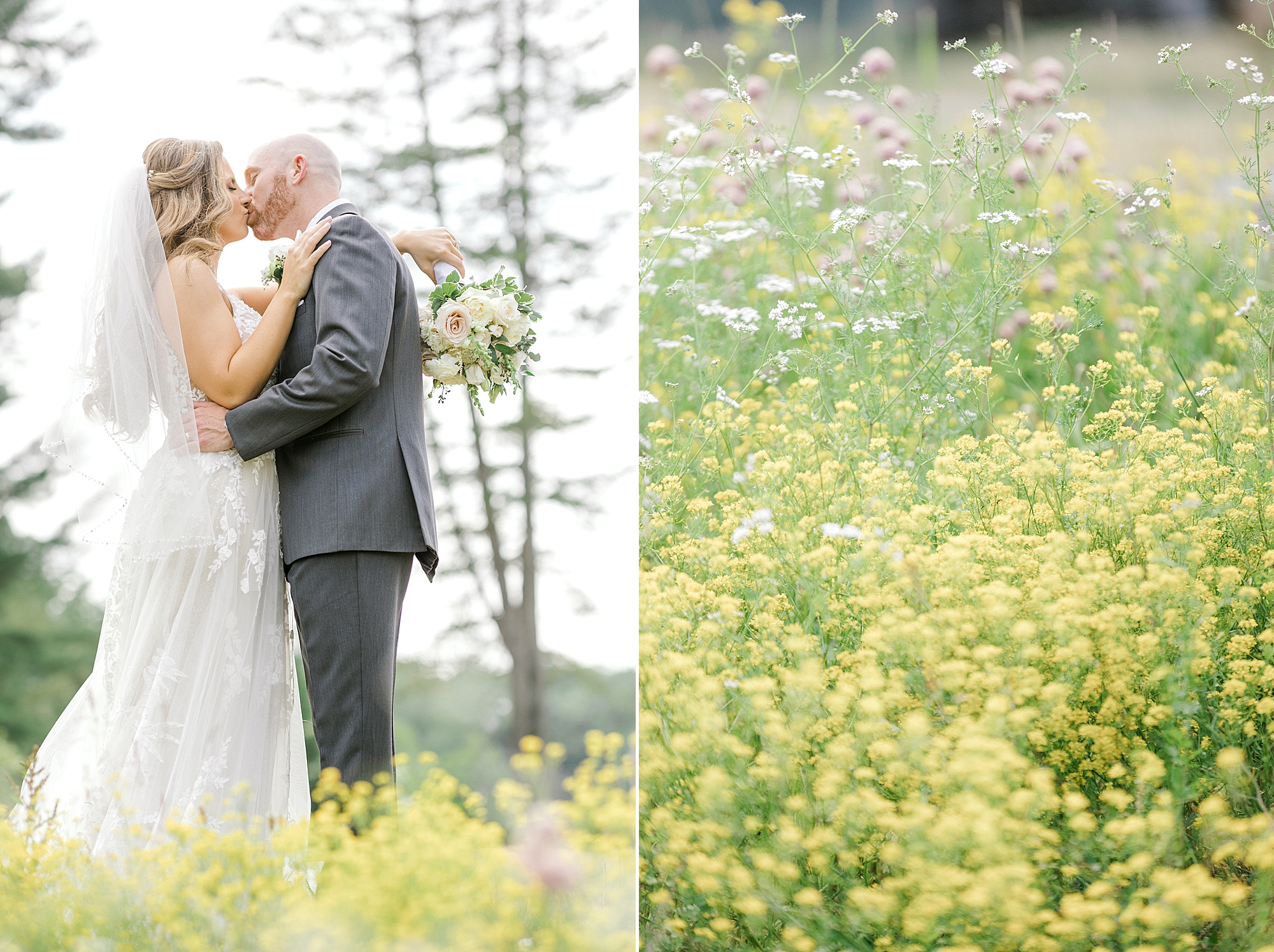 bride and groom kiss in field of yellow wildflowers