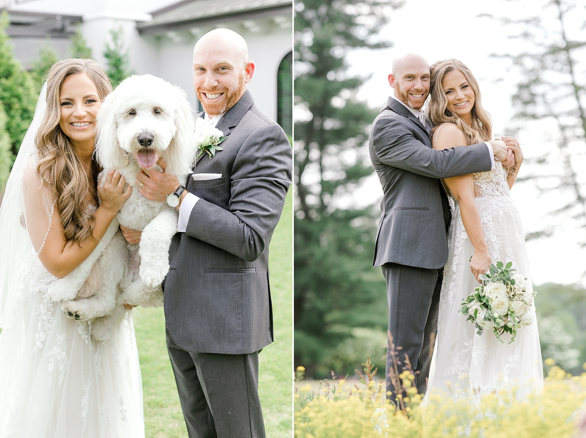 bride and groom hug dog and hug in field of wildflowers