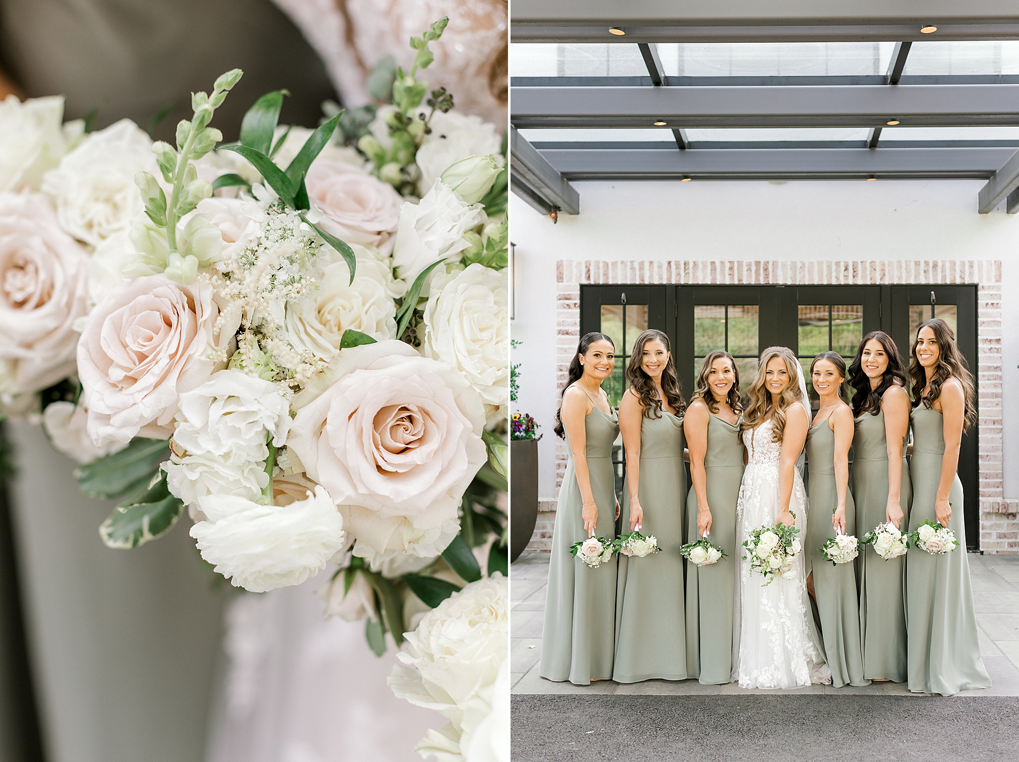 bride stands with bridesmaids in sage green gowns with pink and white rose bouquet