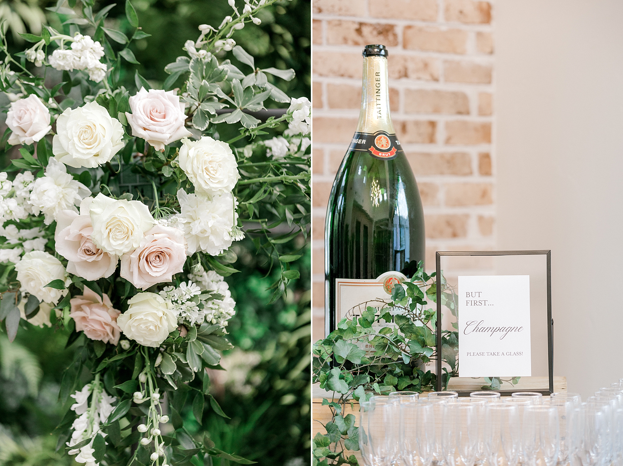 champagne stand and flowers on stands at the Refinery at Perona Farms