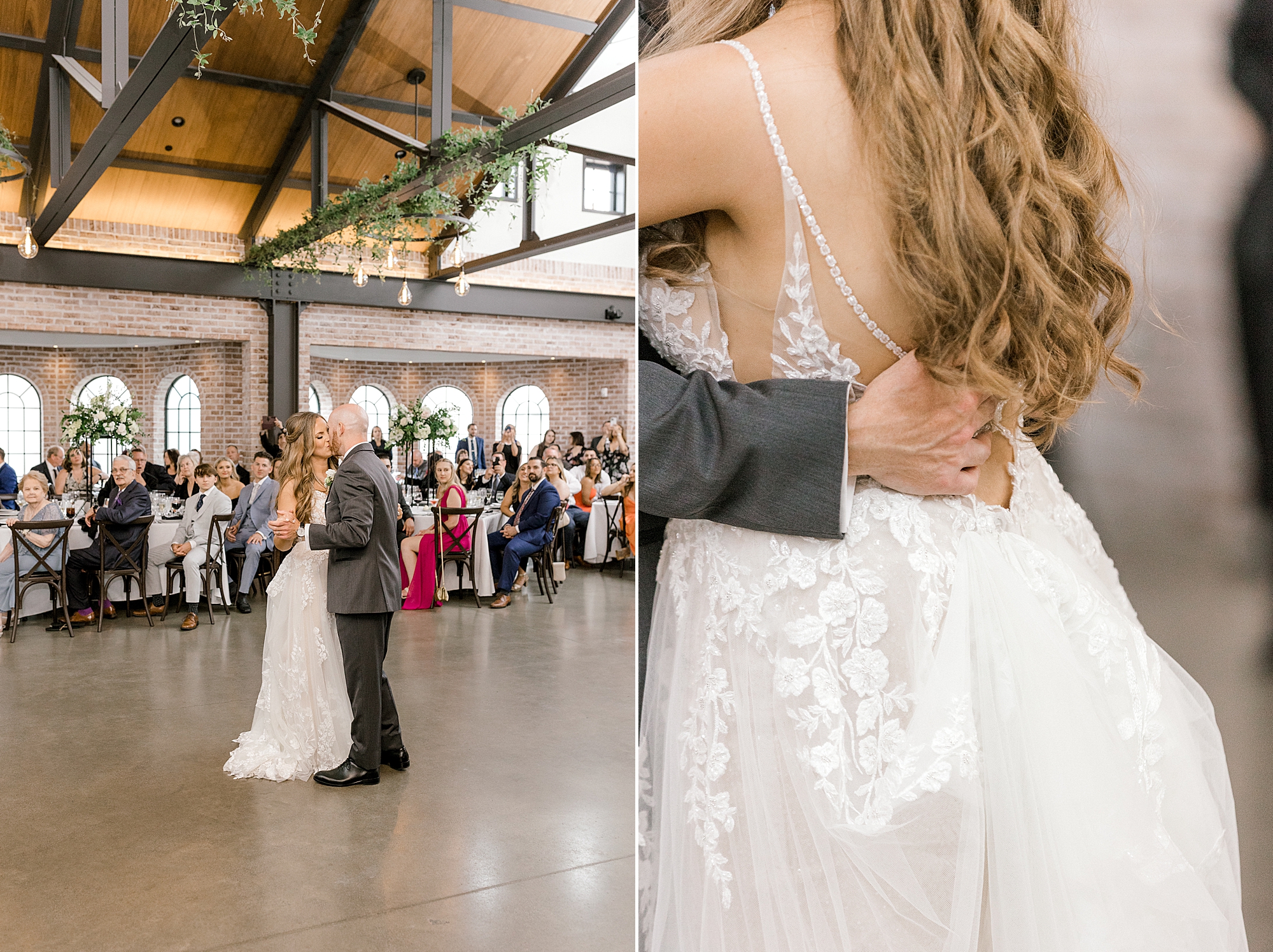 groom hugs bride to him during first dance at the Refinery at Perona Farms