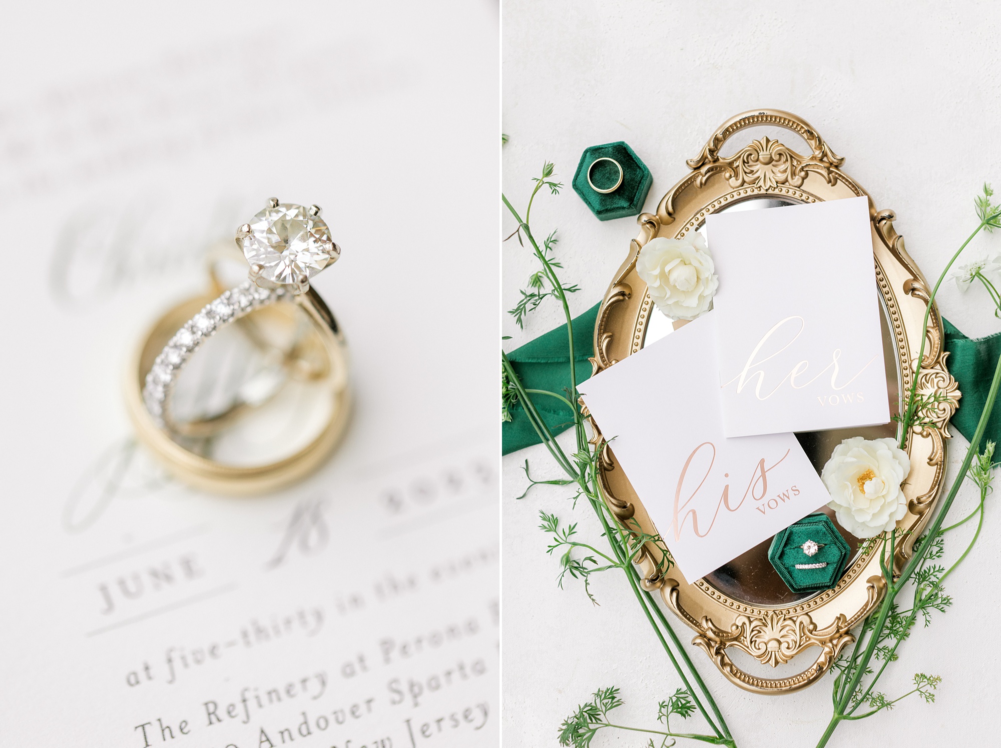 invitation suite and emerald green ring box on gold plate