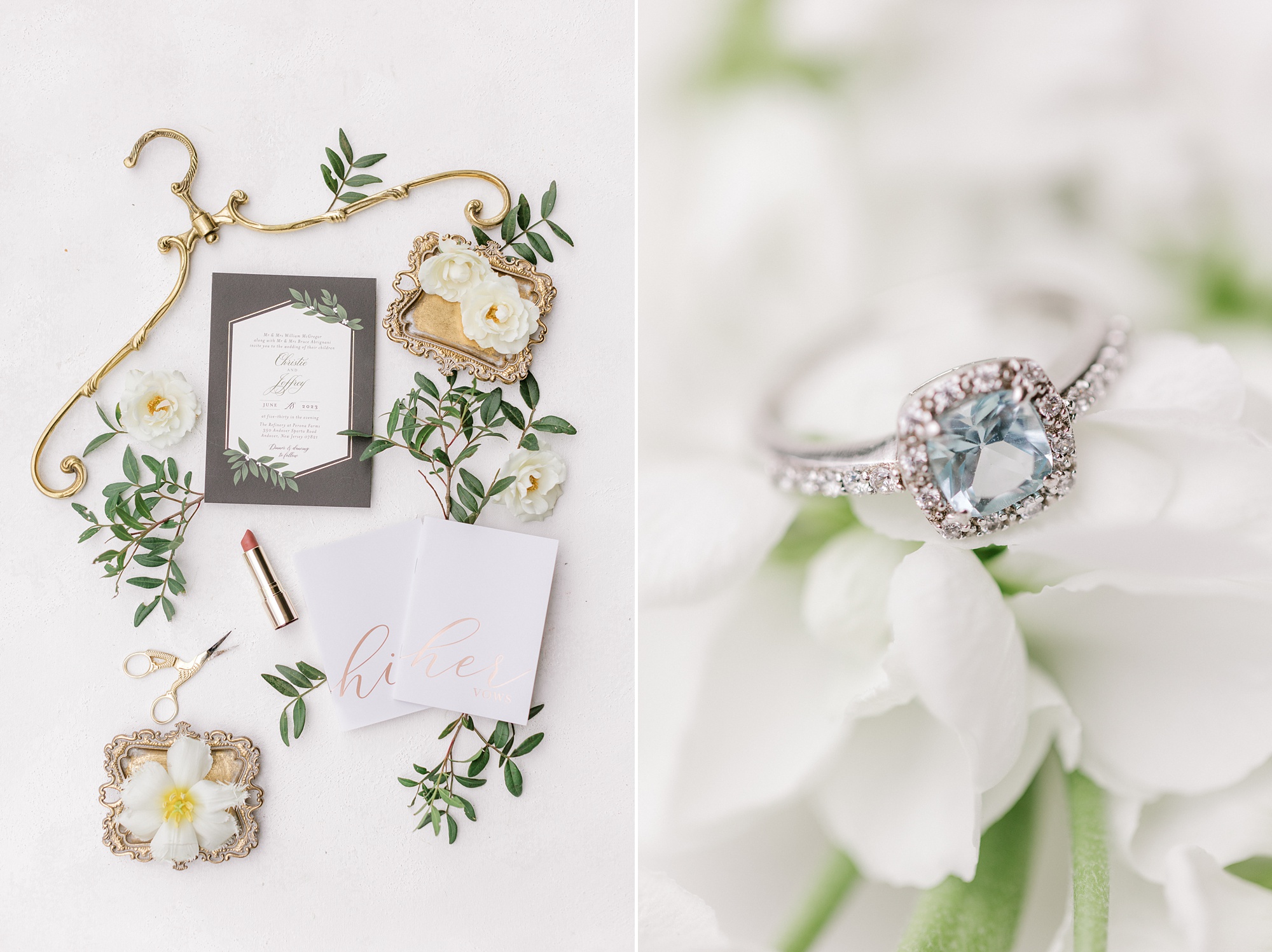 bride's details for summer wedding at Refinery at Perona Farms