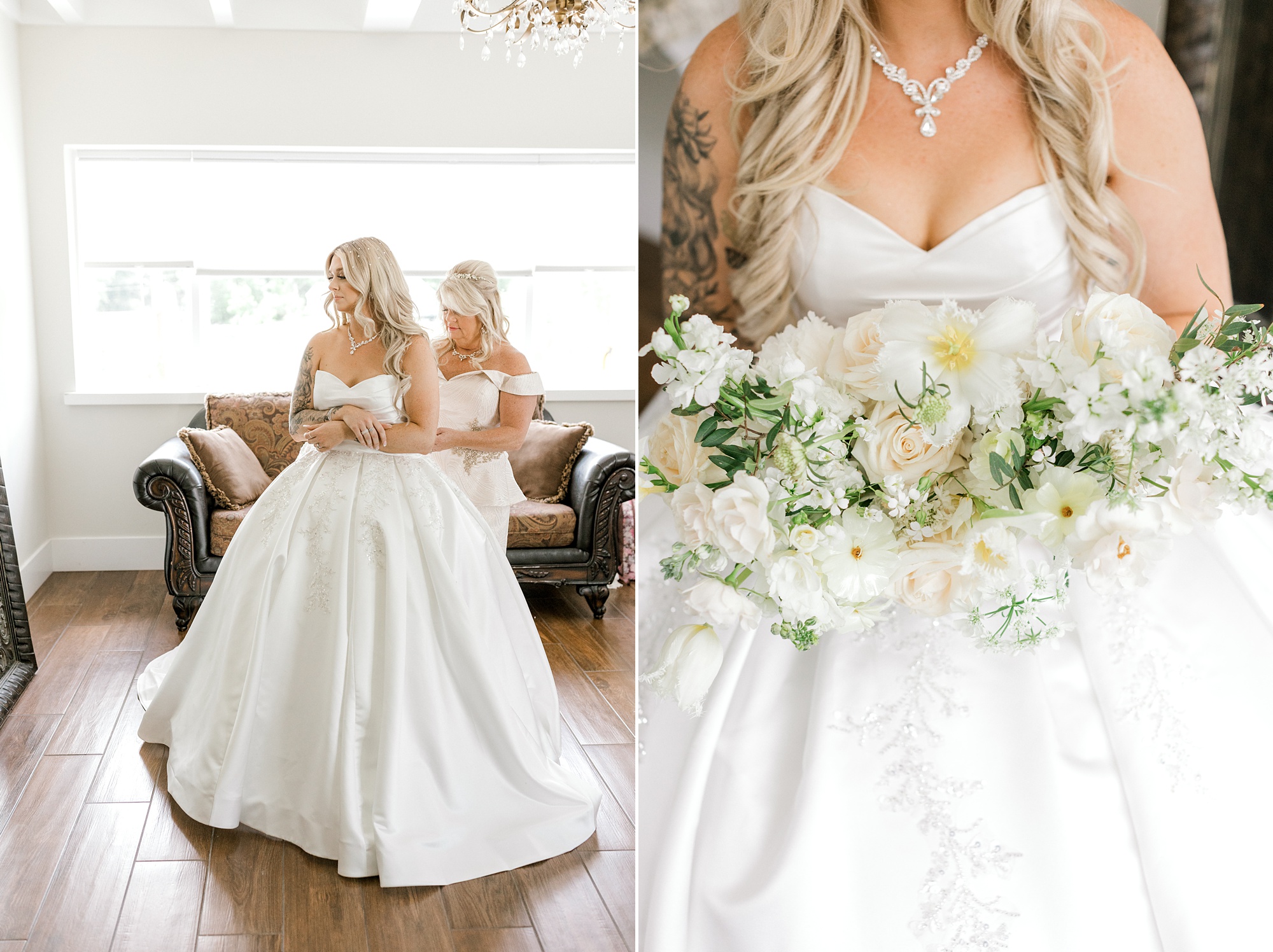 mother helps bride into strapless wedding gown in bridal suite at the Refinery at Perona Farms