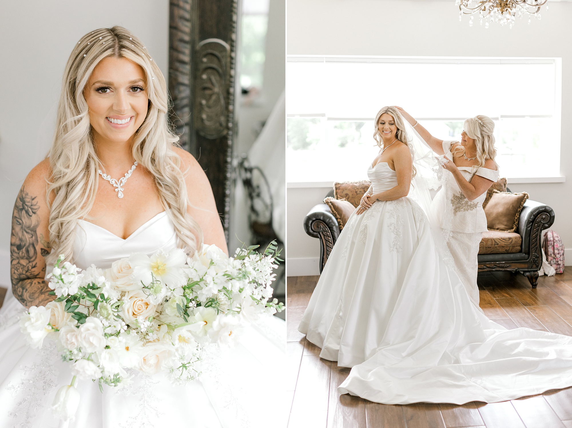 mother of the bride places veil in bride's hair by mirror in bridal suite