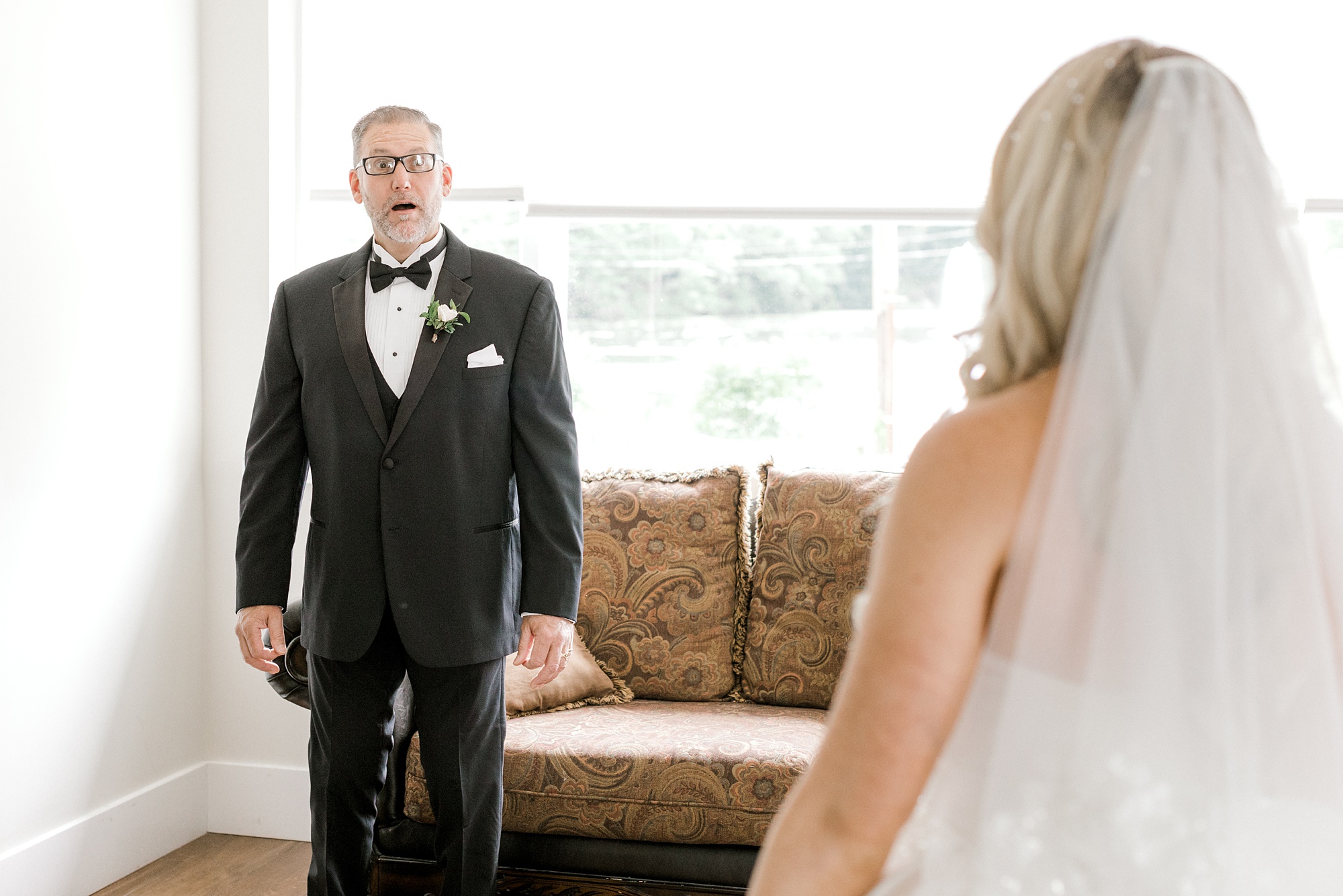 dad reacts to seeing bride during first look at the Refinery at Perona Farms