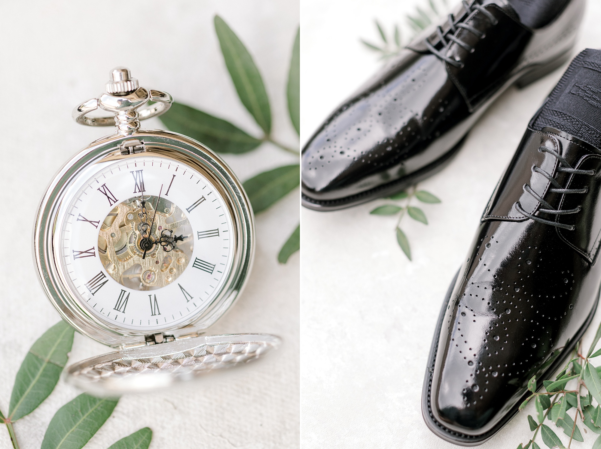 groom's black shoes and pocket watch for summer wedding day at the Refinery at Perona Farms