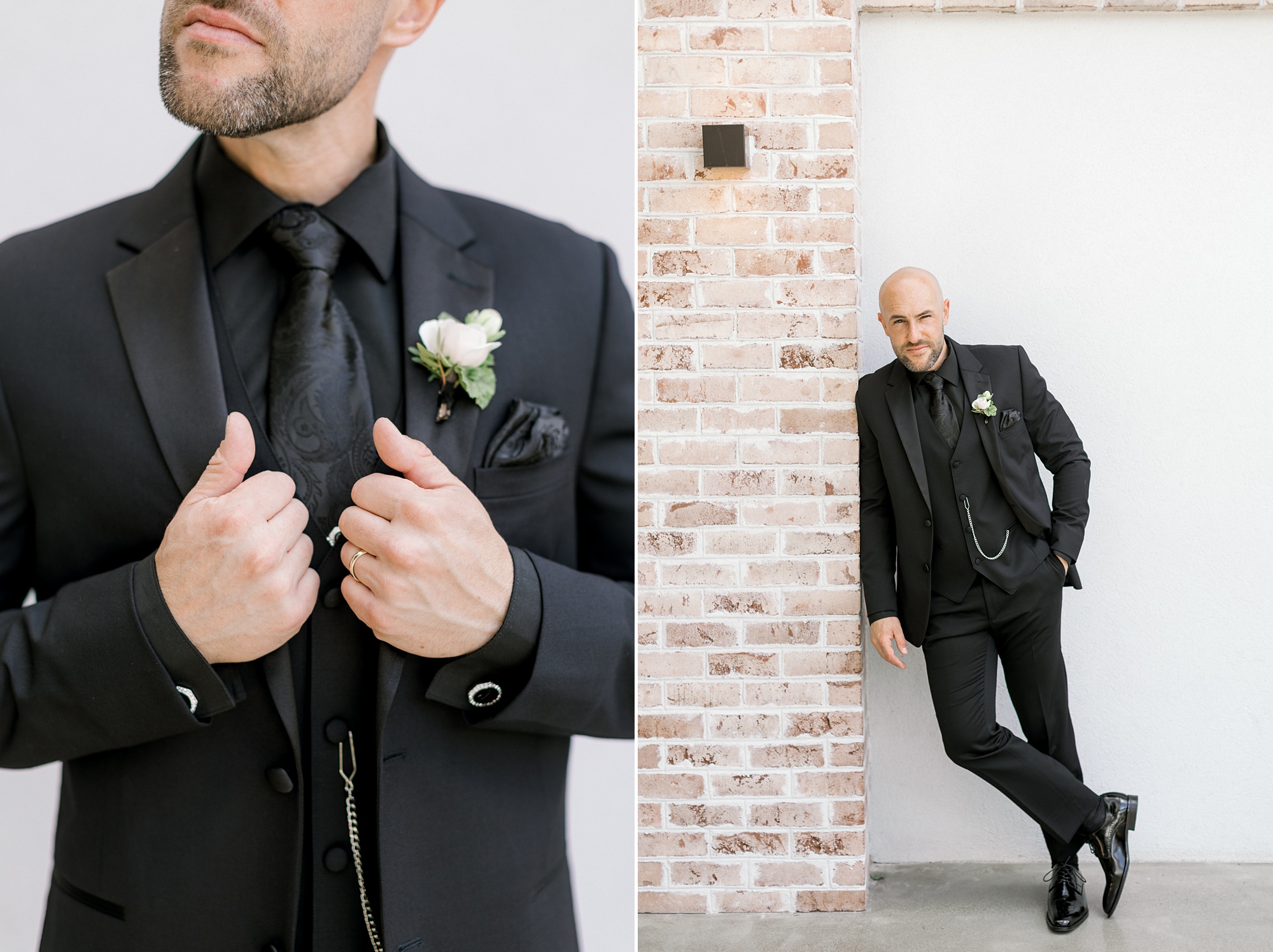 groom holds lapels on black suit at the Refinery at Perona Farms