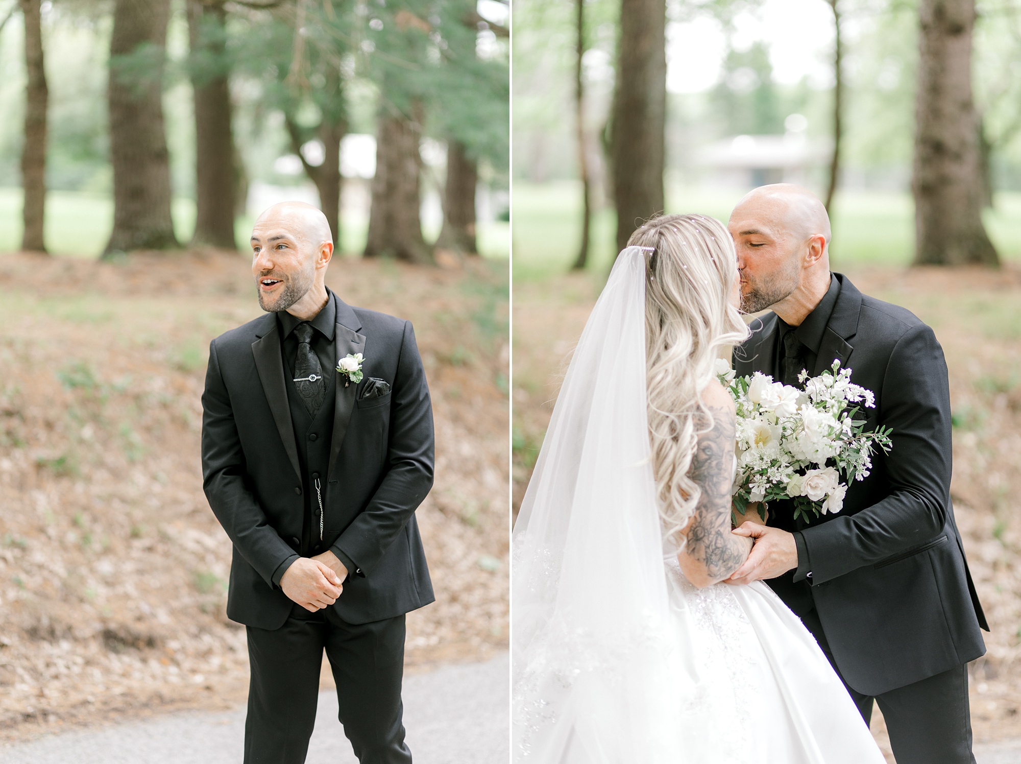 groom grins turning to see bride during first look