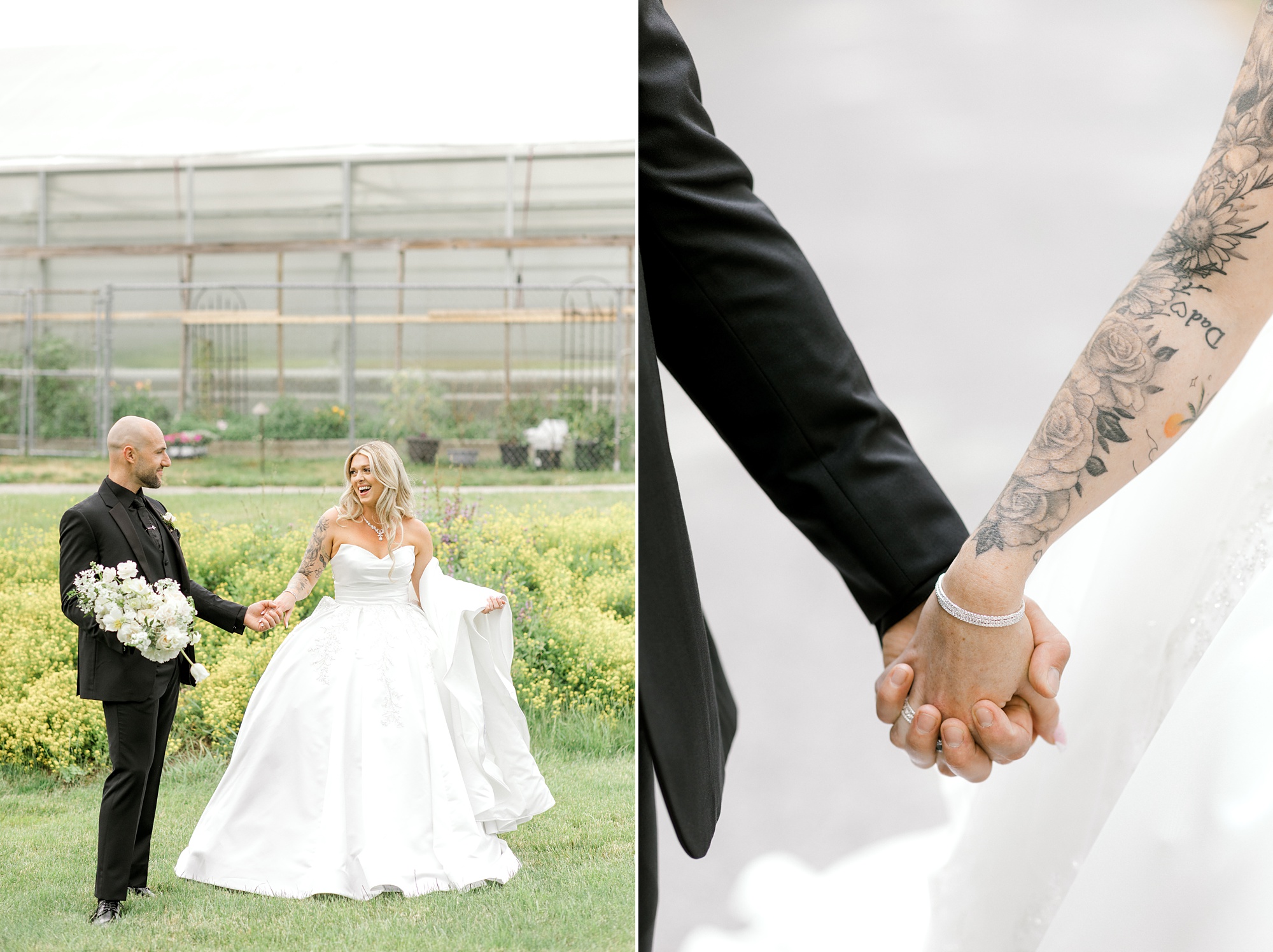 bride and groom hold hands outside the greenhouse at the Refinery at Perona Farms