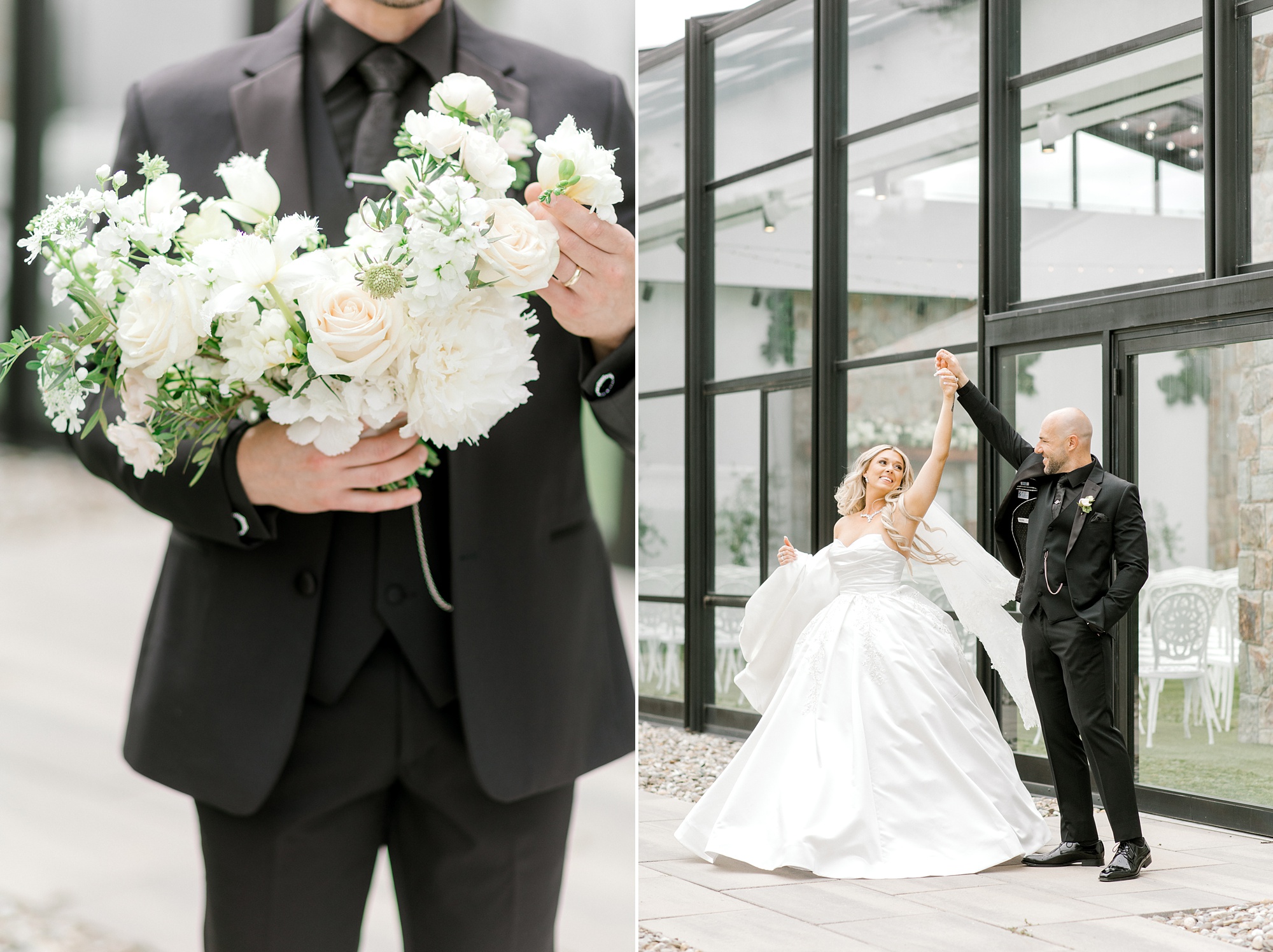groom holds bride's bouquet of white and pale wildflowers