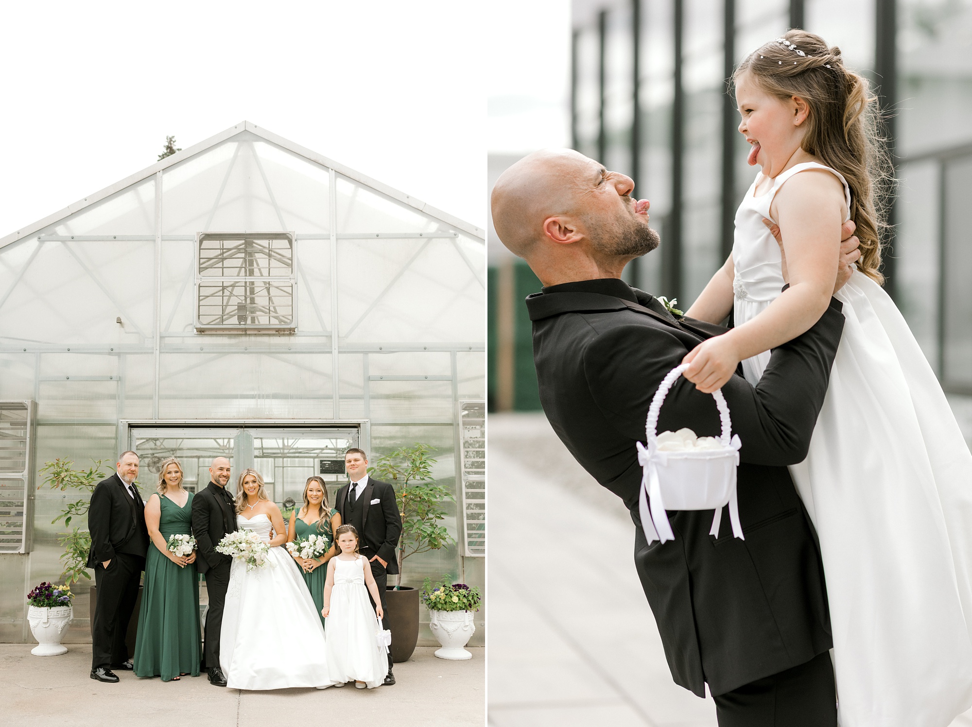 groom lifts flower girl as they stick out their tongues at each other
