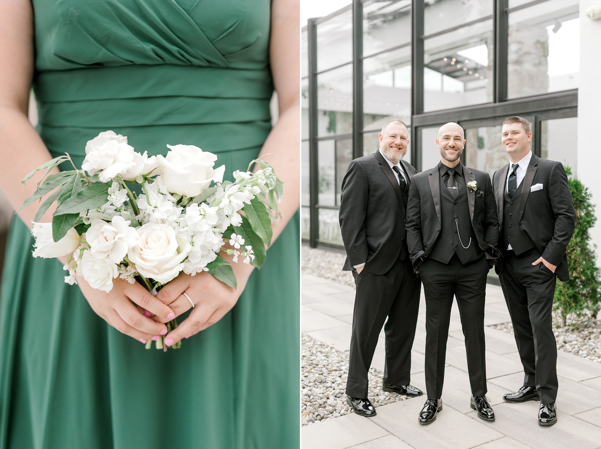 bridesmaid in emerald green dress holds white floral bouquet