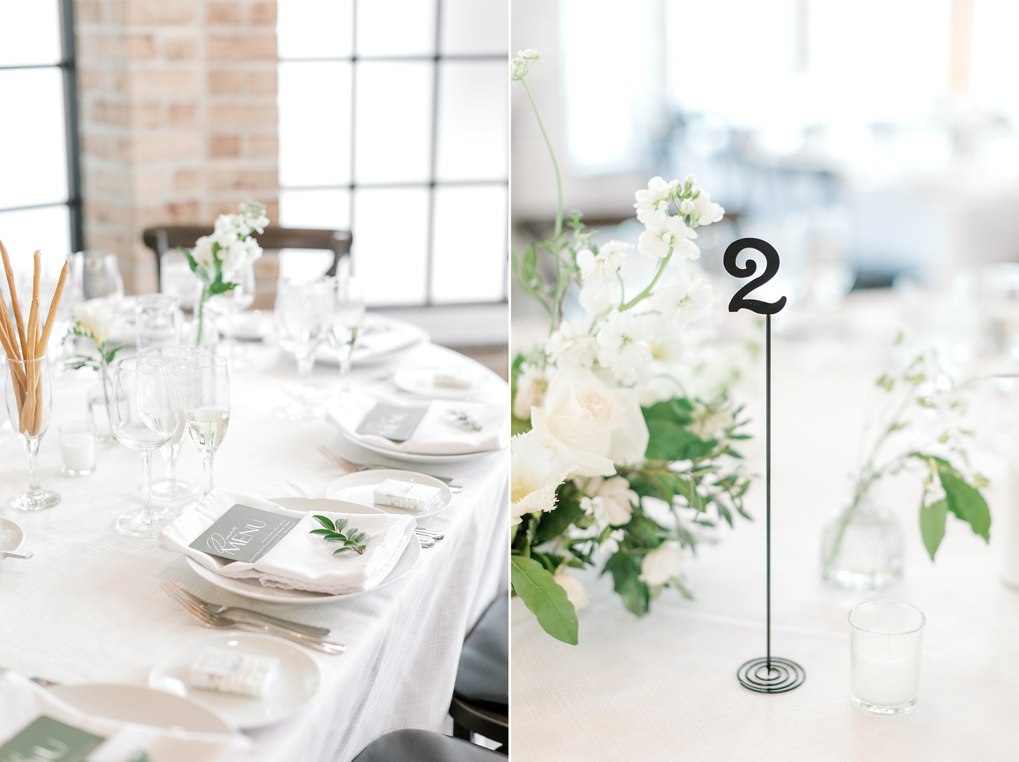 white and green wedding reception with greenery at the Refinery at Perona Farms