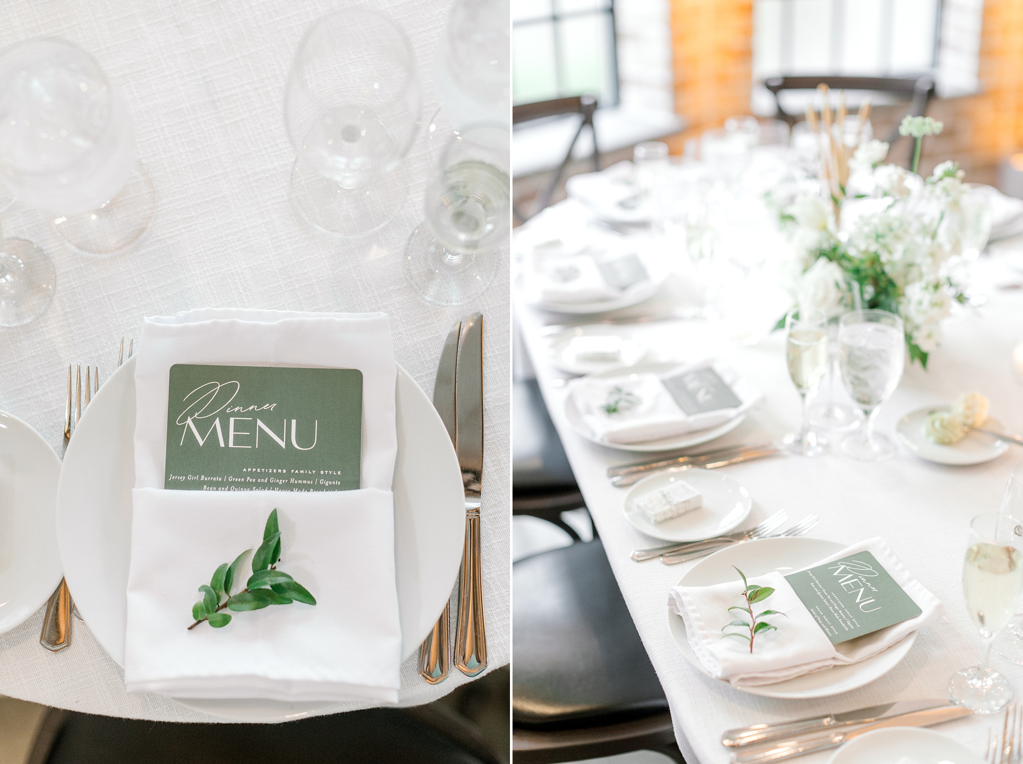 place settings with green menu cards and sprigs of greenery