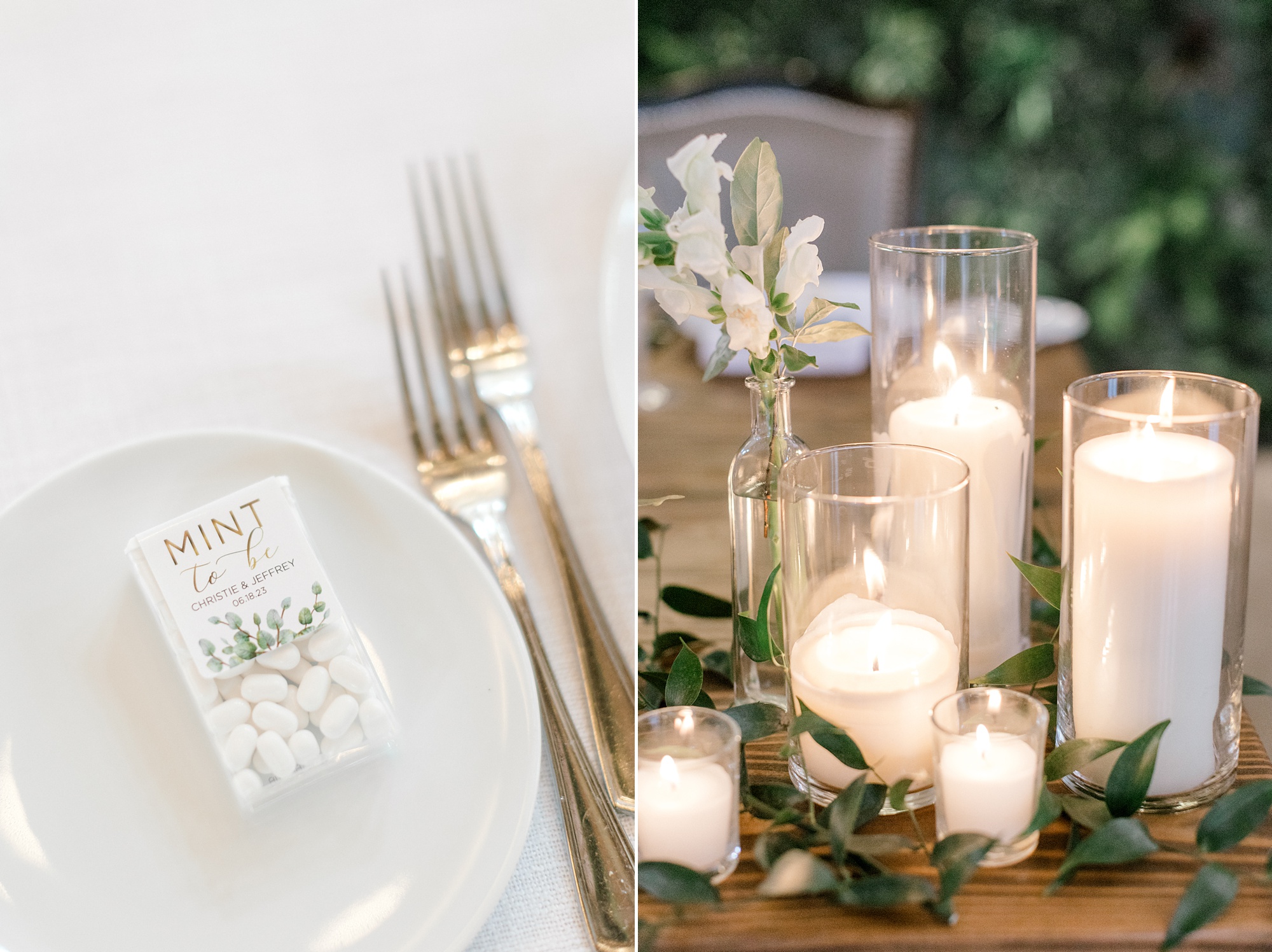 wedding place setting with mint favors