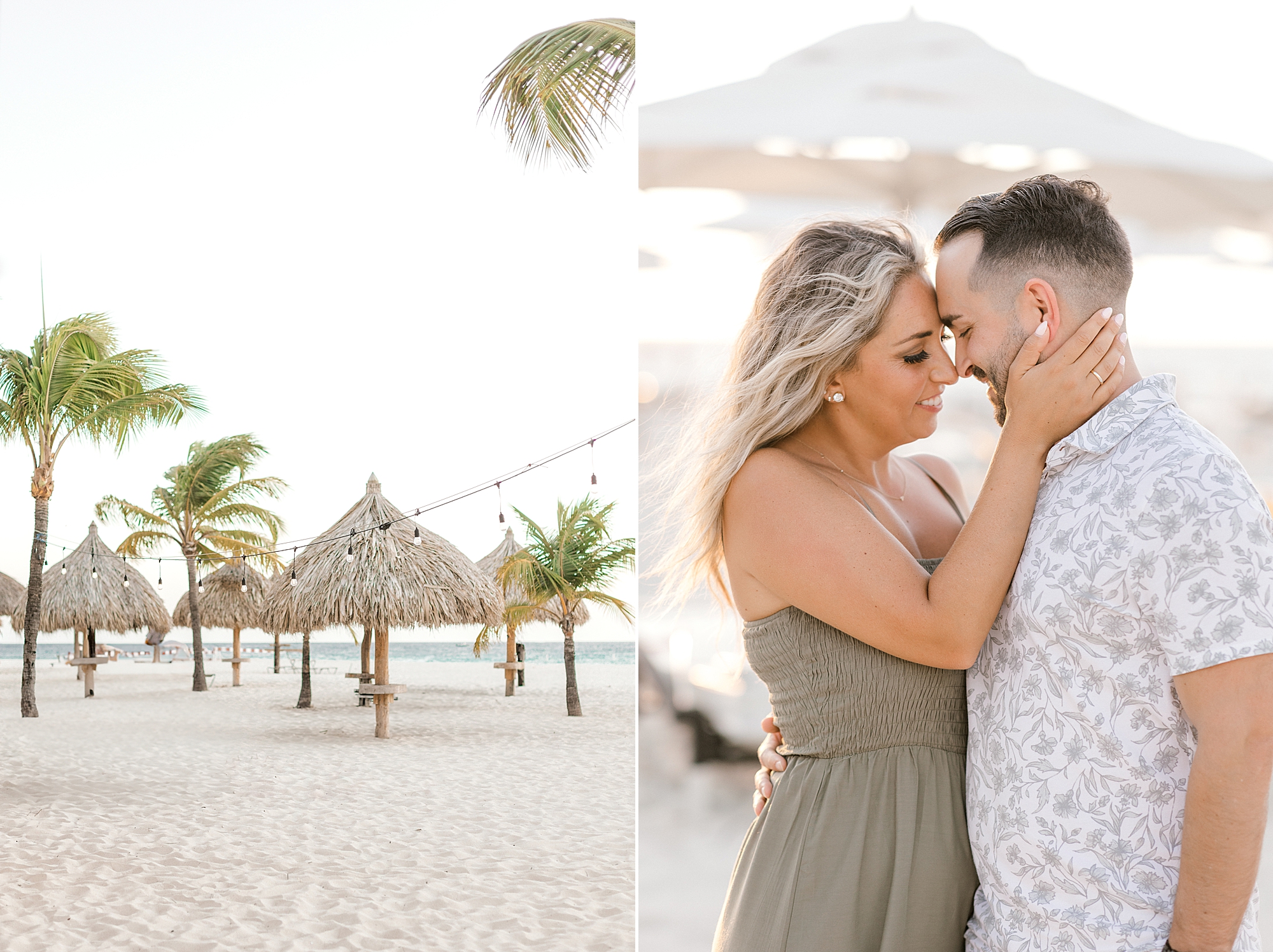 woman holds husband near neck leaning into him during Aruba honeymoon portraits