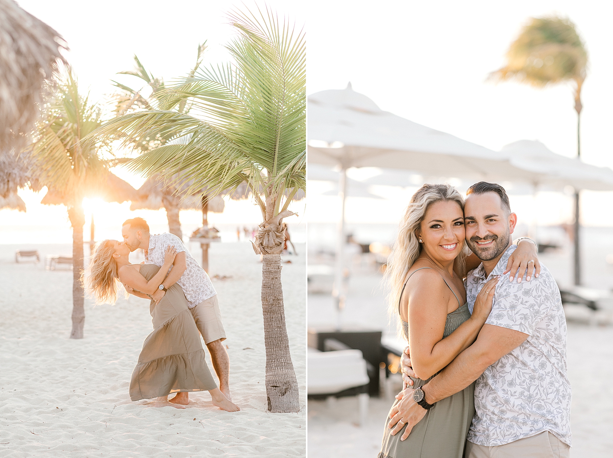 husband and wife hug near palm trees on beach at the Bucati & Tara Beach Resort