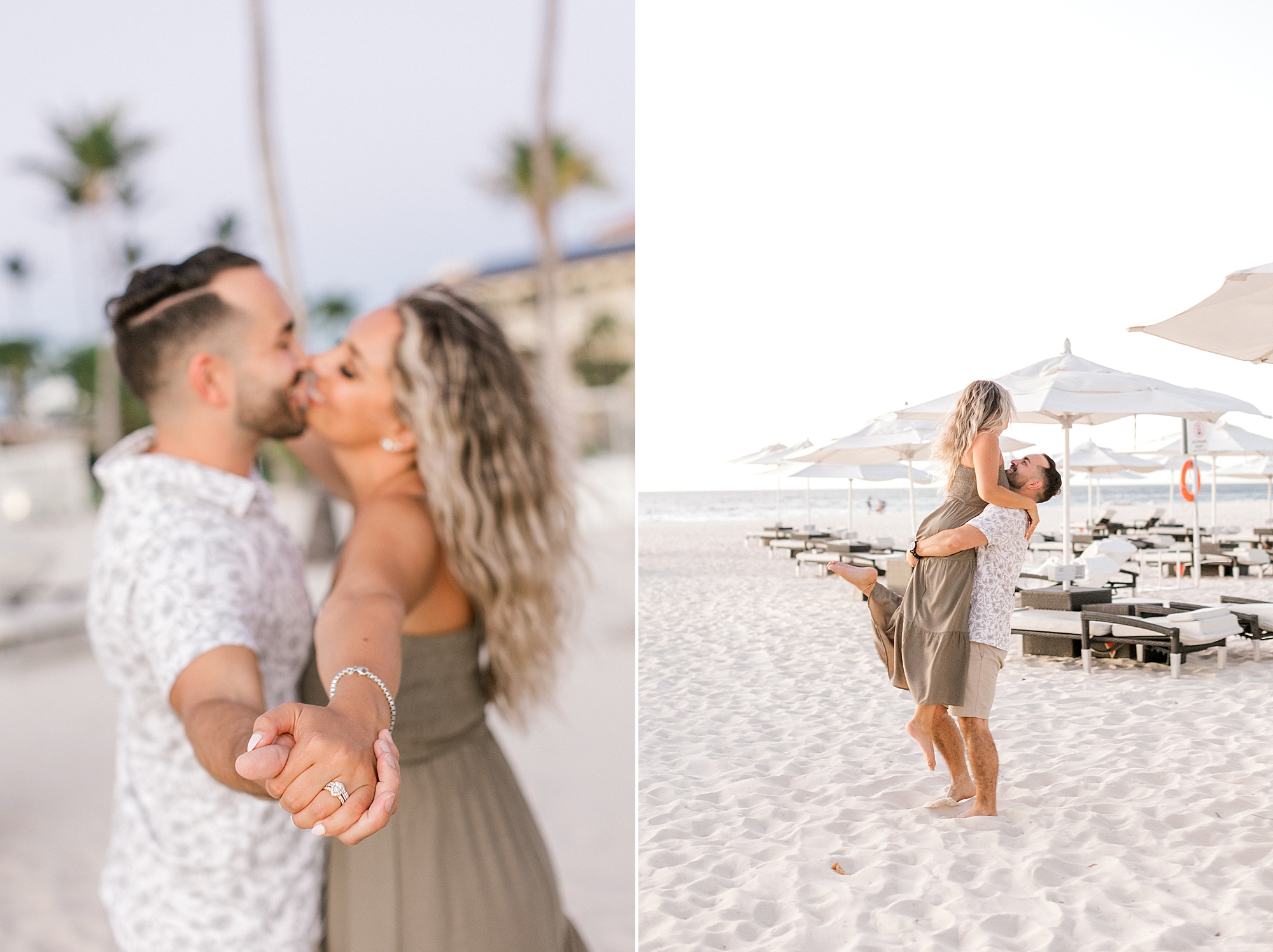 couple holds hands and dances on beach during Aruba honeymoon