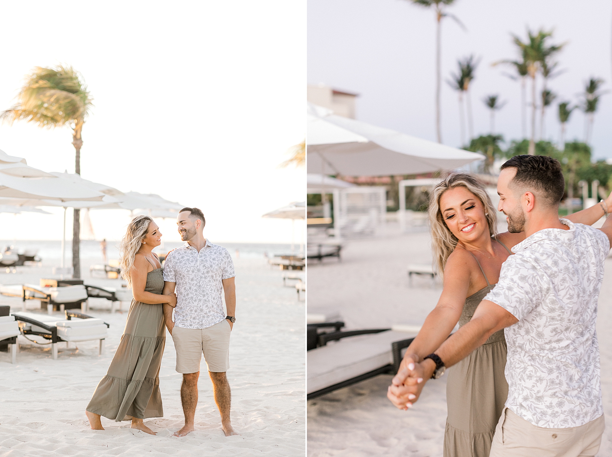 married couple stands together on beach during portraits in Aruba